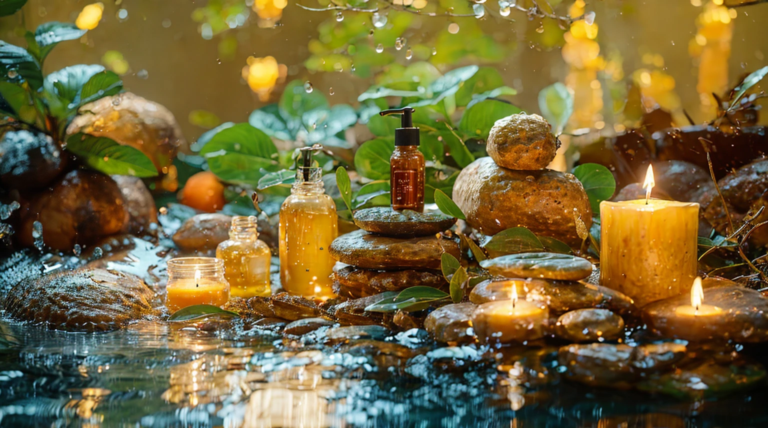 candles and spa products are sitting on a table with rocks, Luxurious surroundings, Peaceful atmosphere, Paradise Garden Massage, By Alexander Gierimski, By Maksimirjan Vanka, Morning Glow, Quiet environment, Soft glow, spa, Relaxing environment, oil, Glowing oil, Lush green environment, Relaxed atmosphere, Alexander Brook, A vibrant scene, Natural Beauty、rain、８K、