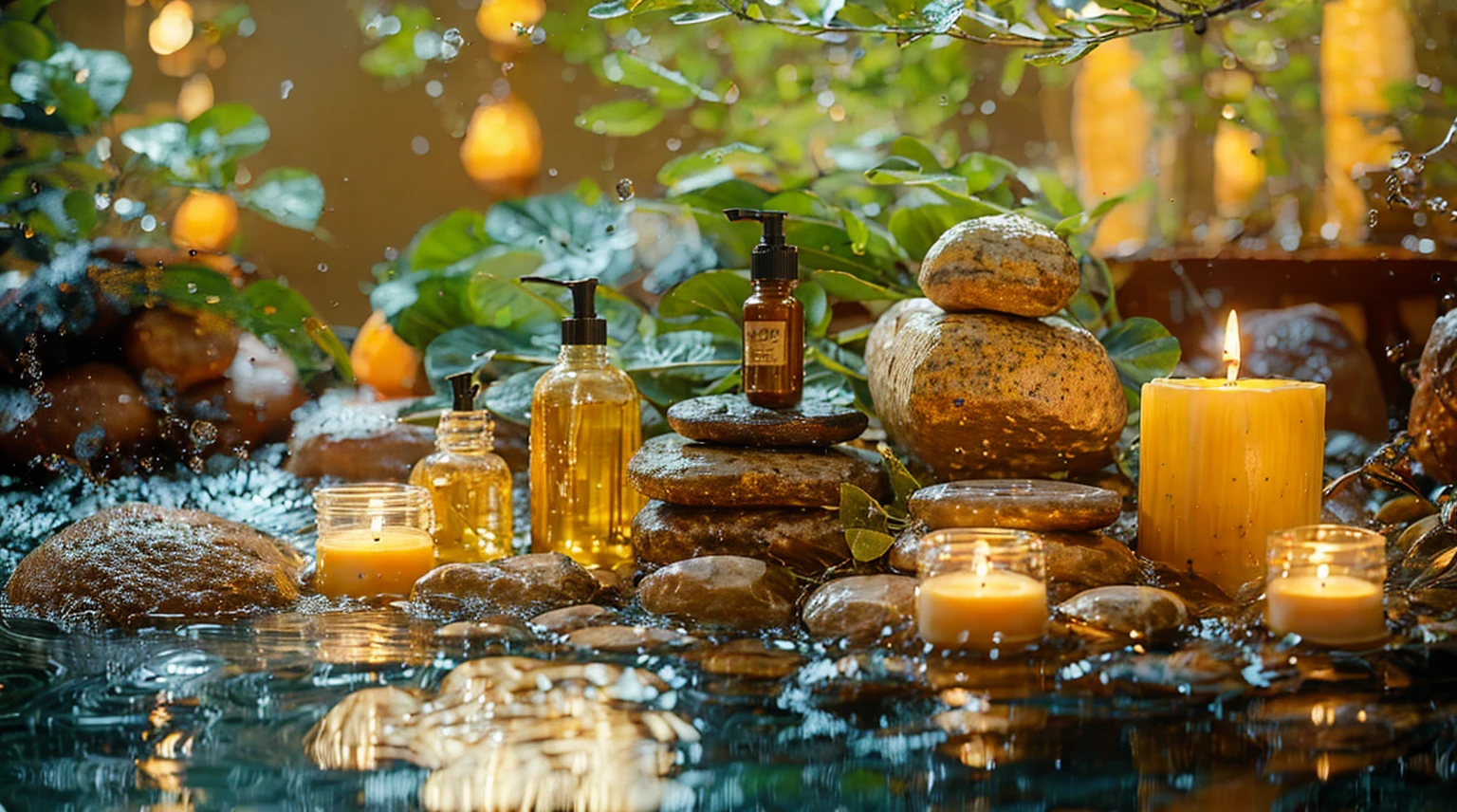 candles and spa products are sitting on a table with rocks, Luxurious surroundings, Peaceful atmosphere, Paradise Garden Massage, By Alexander Gierimski, By Maksimirjan Vanka, Morning Glow, Quiet environment, Soft glow, spa, Relaxing environment, oil, Glowing oil, Lush green environment, Relaxed atmosphere, Alexander Brook, A vibrant scene, Natural Beauty、rain、８K、