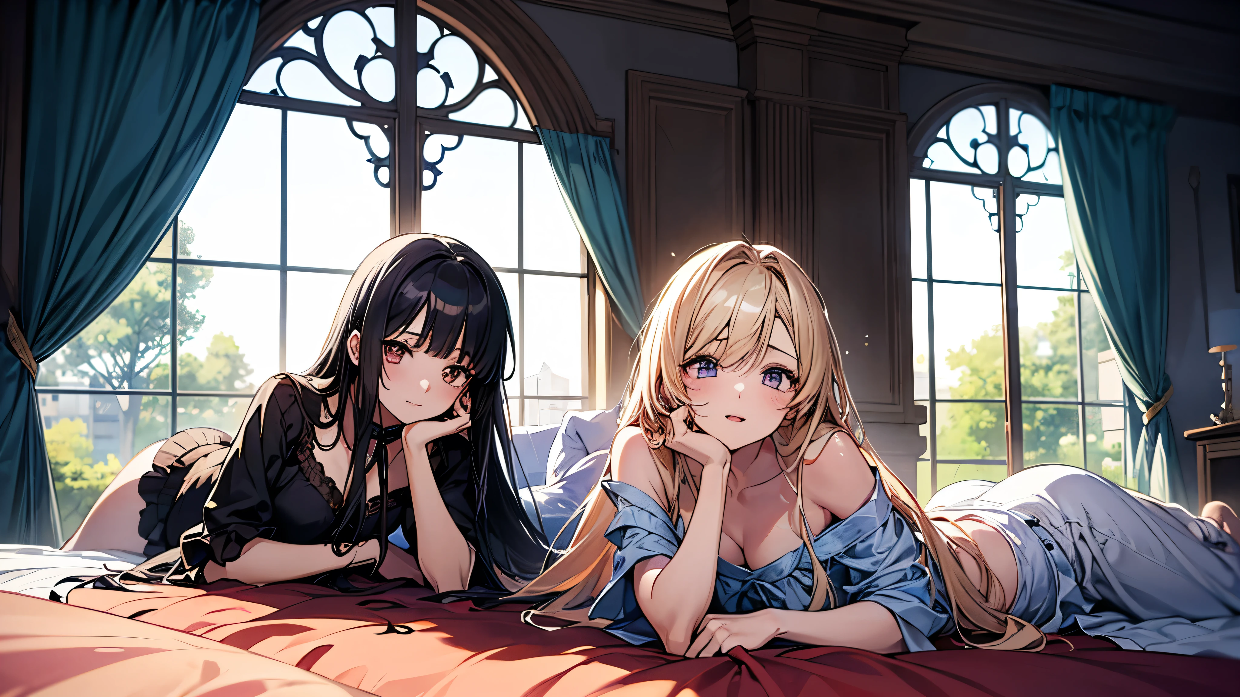 Anime image of two girls lying in bed with a window in the background, Anime drawing by Kamaguruka, Pixiv, Gothic art, Two beautiful anime girls, everyone, from Girls' Frontline, trending on artstation Pixiv, Fine details. Girls' Frontline, guweiz on Pixiv artstation, guweiz on artstation Pixiv、((different colored dresses、(High heels)))、(smile)、(Close-up photo of the upper body)、High angle、Look Up、Photo with white border、lie down、looking at the camera、((Biologically correct limb count))、((whole body including face))、4K、Masterpiece、((Focus on the face))、((Symmetrical, well-proportioned facial features))、Eyes with delicate depictions