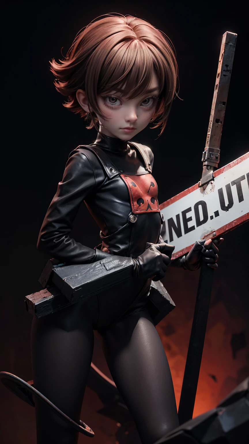 a cartoon character girl standing on the edge of an abyss holding two signs "molecular" and " sortBy szurnaliens", one sign says "дол Coco High pro". The other is called selling stock, with another hand hold up a ladder that goes down into hell. On top there's written in big letters ";, ", below him stands scared little guy with sad face, dark red background, cartoon style, vector graphics, epic composition, high resolution, sharp focus, studio lighting
