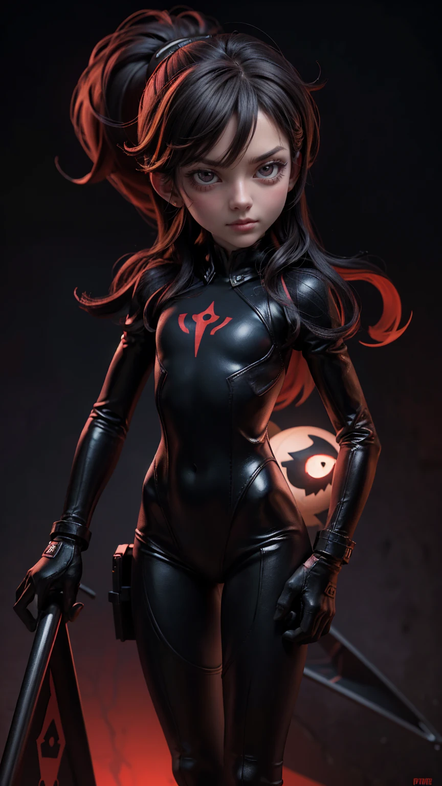 a cartoon character girl standing on the edge of an abyss holding two signs "molecular" and " sortBy szurnaliens", one sign says "дол Coco High pro". The other is called selling stock, with another hand hold up a ladder that goes down into hell. On top there's written in big letters ";, ", below him stands scared little guy with sad face, dark red background, cartoon style, vector graphics, epic composition, high resolution, sharp focus, studio lighting