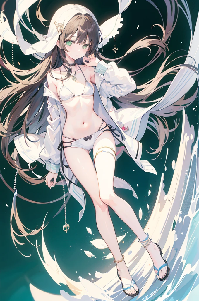 {{masterpiece}}, The best quality of life, 、Dark brown long hair down to the waist、Anime Girls with brown long hair, Cute female anime visuals,Anime full body illustration, Anime Moe Art Style, Anime characters, (Anime Girls)、(Green Eyes)、Expressionless adult woman、Small Necklace、((White background))、Black Bikini、Grey shorts、A light jacket、Green anklet、A woman standing in white sandals、Larger bust size