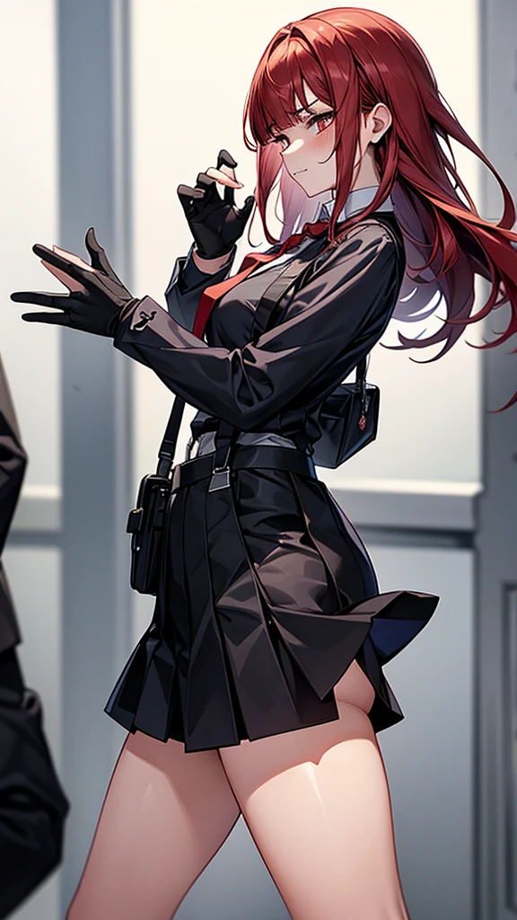 {{masterpiece}}, {{{Highest quality}}},{{Very detailed}}, ,{{blushing with anger}},{{v-shaped eyebrows}},{{figure}},{{tall}},{{Adult female}},,{{Fighting stance}},{{from below}},｛from side｝,{{Long sleeve mini skirt uniform}},{{suspenders}},}}{}},{fighting stance}},{},{in the midst of battle}, ,{{}},{{Eyelet foot}},,{{}},{{action}},,Slender body}}{{Female police officer}},,,,suspenders　,Long sleeve mini skirt uniform, White High Socks,Black fingerless gloves, Long Red Hair, Red tie,Straight hair ,Blunt bangs,Thigh holster,.amountn loafer,,blush,Wrinkles ,amount,Grit your teeth,suffering,v-shaped eyebrows.,Sweat dripping,Medium chest ,get annoyed,,Slums,,Twisting,