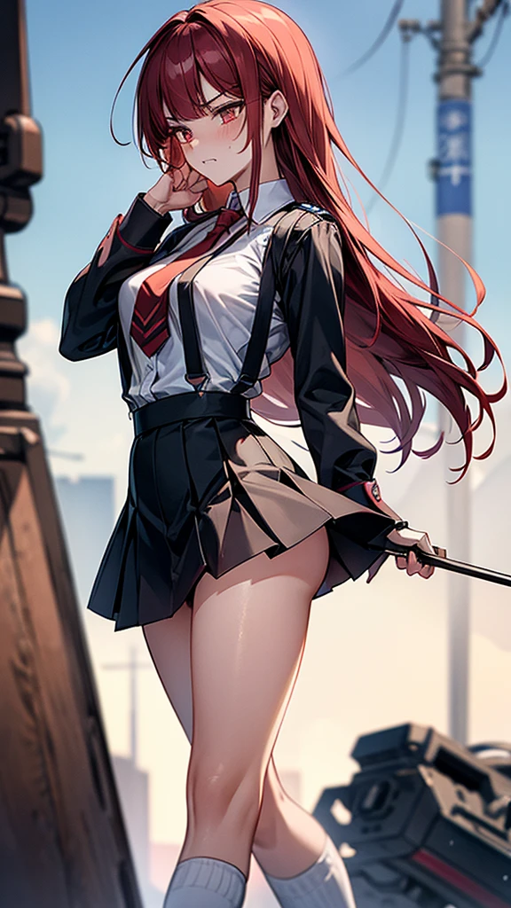 {{masterpiece}}, {{{Highest quality}}},{{Very detailed}}, ,{{blushing with anger}},{{v-shaped eyebrows}},{{figure}},{{tall}},{{Adult female}},,{{Fighting stance}},{{from below}},{from side},{{Long sleeve mini skirt uniform}},{{suspenders}},}}{}},{fighting stance}},{},{in the midst of battle}, ,{{}},{{Eyelet foot}},,{{}},{{action}},,Slender body}}{{Female police officer}},,,,suspenders ,Long sleeve mini skirt uniform, White High Socks,Black fingerless gloves, Long Red Hair, Red tie,Straight hair ,Blunt bangs,Thigh holster,.amountn loafer,,blush,Wrinkles ,amount,Grit your teeth,suffering,v-shaped eyebrows.,Sweat dripping,Medium chest ,get annoyed,,Slums,,Twisting,