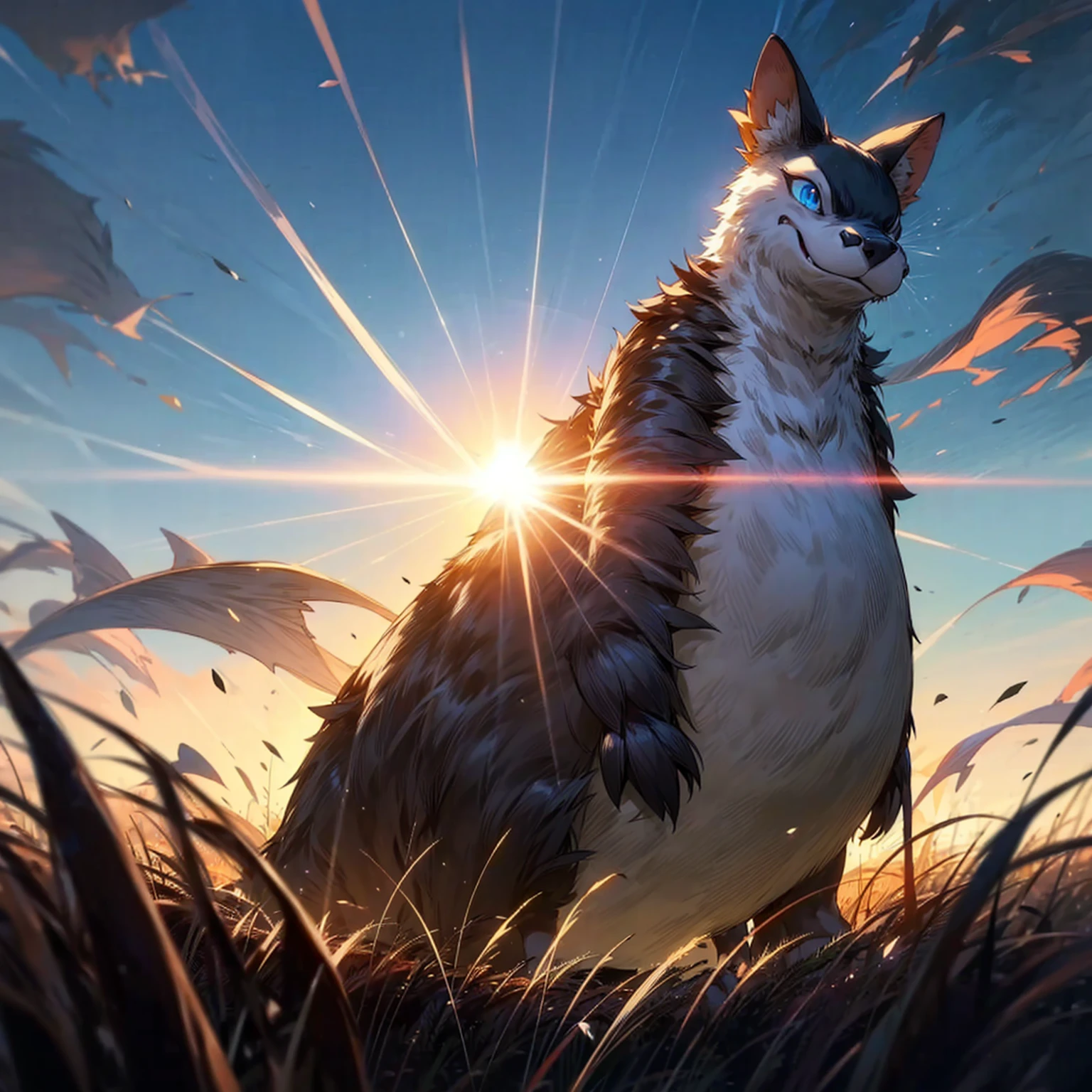 1animaly, medium animal version, Full body version, beaver mixed with dinosaurus, blue eyes, beaver head mixed, has horns, Grassroots, full background in field, largest body, very fat stomach, very tall height, tall height 100 feet, In the morning, the silhouette of the sun, the glare of the sun, motion blur,