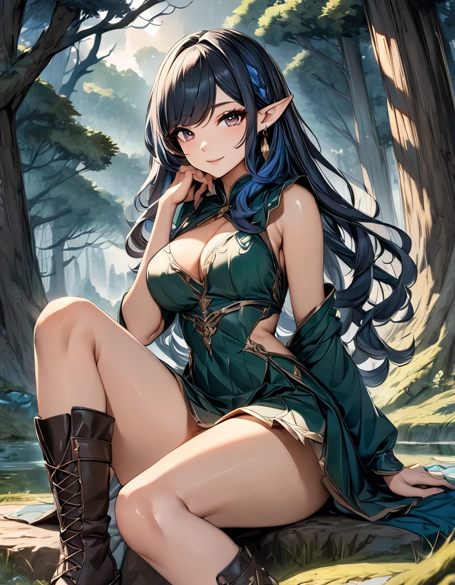 high quality, 4k, 8k, highres, HDR, UHD, masterpiece, ultra-detailed, a beautiful elf woman in a dark fantasy forest, sitting pose, legs toghether, creative angle, mature woman. short skirt, natural clothing, eld boots, extremely detailed face, medium long flowing hair, natural looking hair, rendered hair, dark blue hair, curious expression, sitting under a large tree, anime style, highly detailed, 8k, fantasy art, magical atmosphere, mossy ground, dark setting, demonic forest, dark eyes, rendered eyes, special eyes, pointed ears, detailed dress, intricate details, fantasy landscape, simple background
