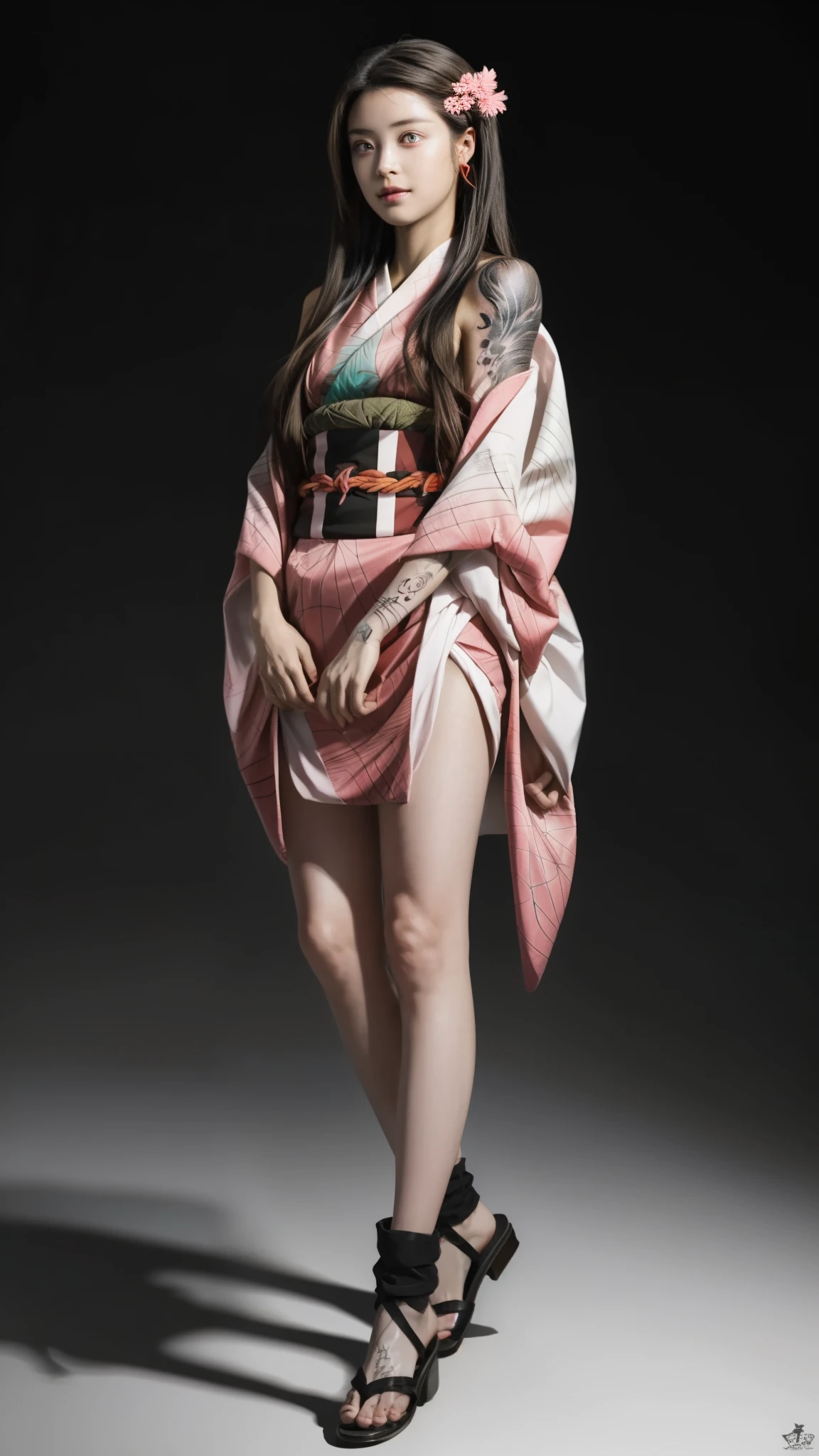 Female, moisturized skin, (pink and bright eyes), (full body: 1.4),
BREAK,
(kicking: 1.3),
BREAK,
(black grass tattoo on body: 1.3),
BREAK,
(cute kimono: 1.2), (black haori: 1.2),
BREAK,
(super long hair), (light gradient hair: 1.3), (red tips: 1.3),
BREAK,
(realistic: 1.3), (super high resolution), (highly detailed: 1.4), (full body: 1.4), (symmetrical: 1.2), (one shot),
BREAK,
(Japanese city: 1.2),
BREAK,
(Demon Slayer: 1.4), (Hirose Suzu: 1.3), (Kamado Nezuko),
