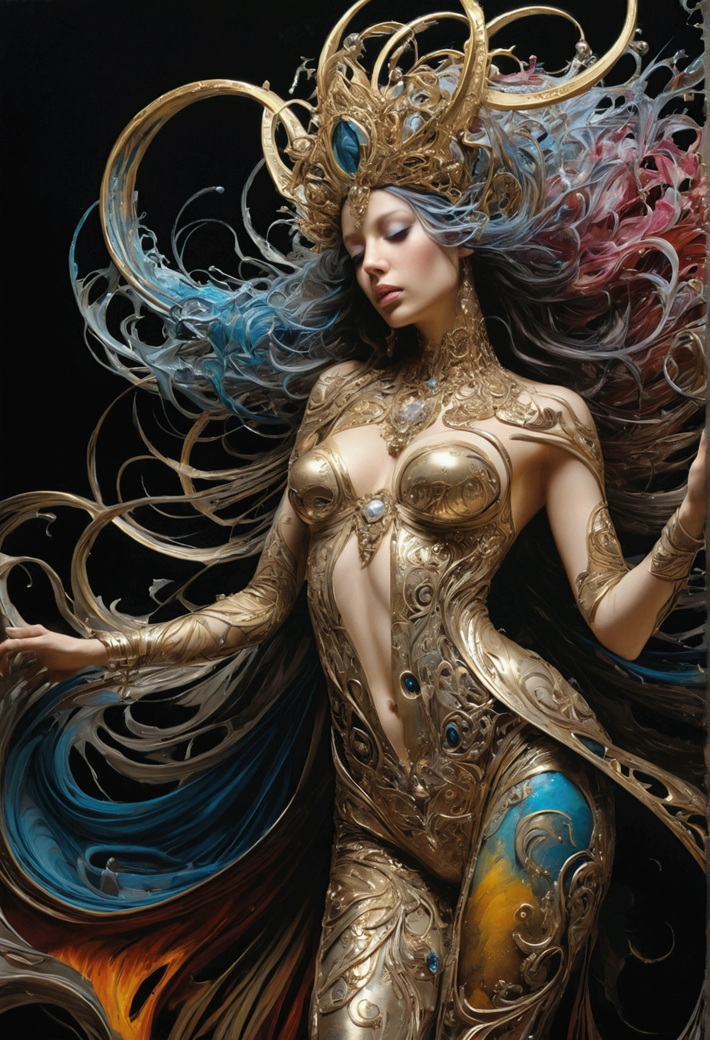 ((heavy metal)),colorful ink flow, 64k resolution photorealistic masterpiece:by aaron horkey and jeremy mann:intricately detailed fluid gauche painting,by jean baptiste mongue, acrylic: watercolor art, professional photography, dynamic lighting, volumetric lighting maximalist photoillustration:by marton bobzert,8k resolution concept art intricately detailed, complex, elegant, majestic, ecstacy, fantastical, (((no clothes))), more detail XL, real_booster