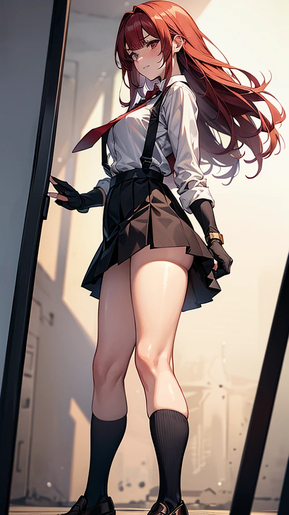 (Masterpiece, Best Quality), 1 girl,willpower_water, Red hair, long hair, 21 years, psychopath, evil smile, Red eyes, Looking down at the viewer, Shirt and skirt, yandere, point of view from below