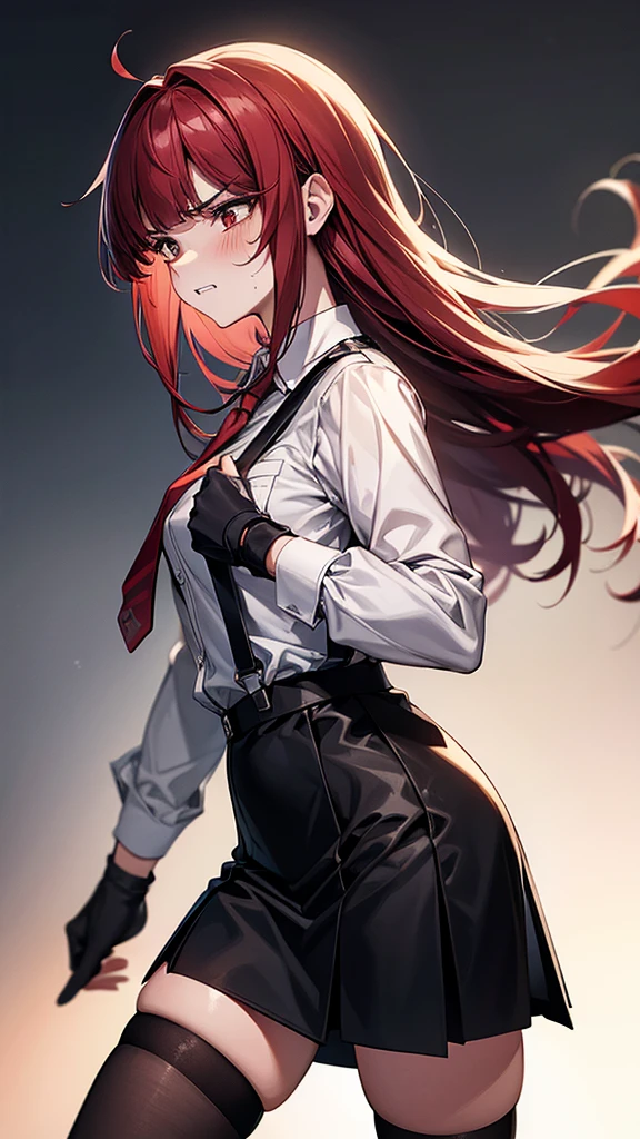 {{masterpiece}}, {{{Highest quality}}},{{Very detailed}}, ,{{blushing with anger}},{{v-shaped eyebrows}},{{figure}},{{tall}},{{Adult female}},,{{Fighting stance}},{{from below}},{from side},{{Long sleeve mini skirt uniform}},{{suspenders}},}}{}},{fighting stance}},{},{in the midst of battle}, ,{{}},{{Eyelet foot}},,{{}},{{action}},,Slender body}}{{Female police officer}},,,,suspenders ,Long sleeve mini skirt uniform, White High Socks,Black fingerless gloves, Long Red Hair, Red tie,Straight hair ,Blunt bangs,Thigh holster,.amountn loafer,,blush,Wrinkles ,amount,Grit your teeth,suffering,v-shaped eyebrows.,Sweat dripping,Medium chest ,get annoyed,,Slums,,Twisting,