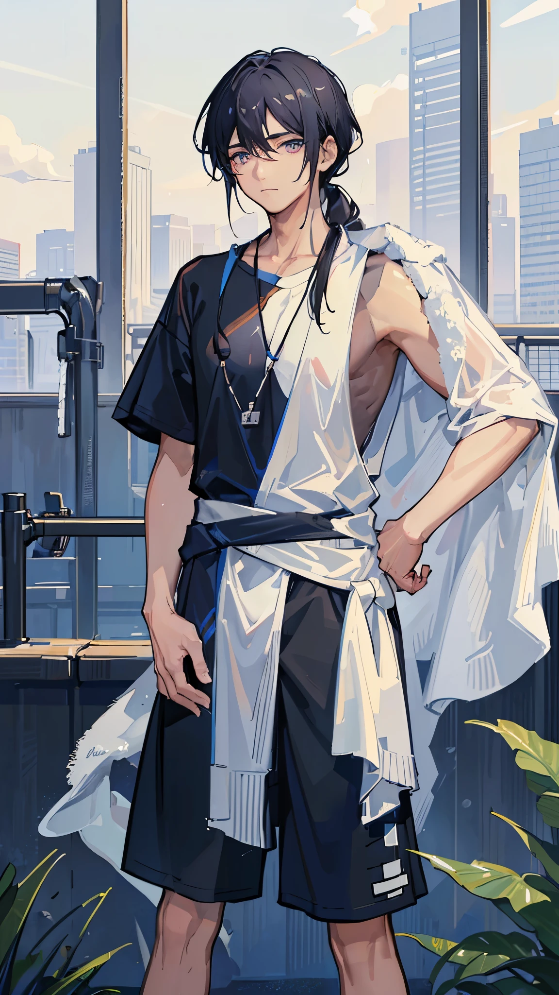 (Highest quality)), ((masterpiece)), (detailed),The background is the ground、A towel is wrapped around his neck、Soccer Coach、A man around 35 years old、A man with waist-length black hair tied back、Wearing a blue uniform、Eye color is a calm blue、Location: Soccer field。