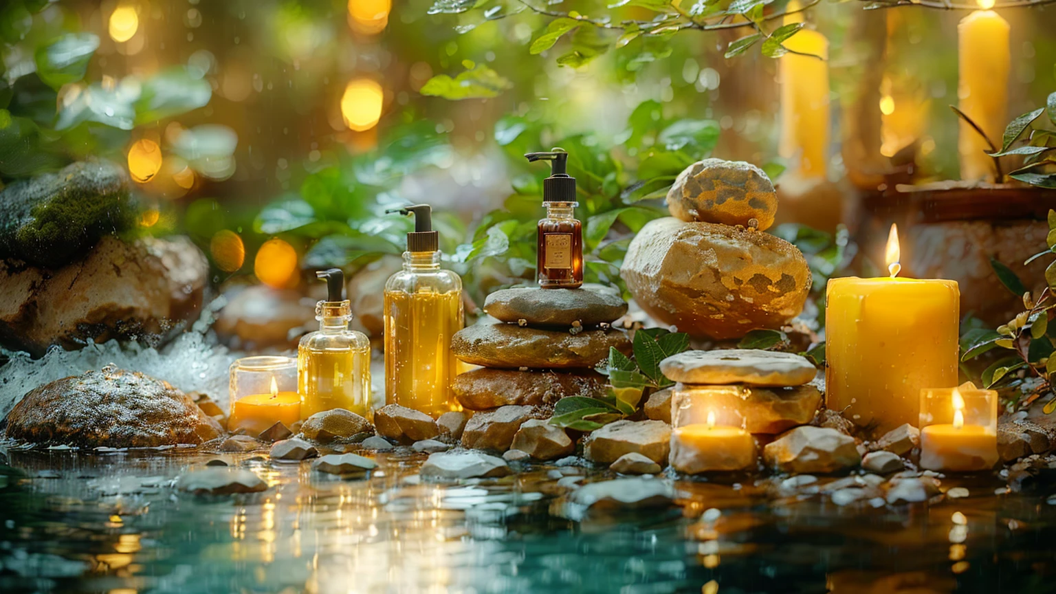 candles and spa products are sitting on a table with rocks, Luxurious surroundings, Peaceful atmosphere, Paradise Garden Massage, By Alexander Gierimski, By Maksimirjan Vanka, Morning Glow, Quiet environment, Soft glow, spa, Relaxing environment, oil, Glowing oil, Lush green environment, Relaxed atmosphere, Alexander Brook, A vibrant scene, Natural Beauty、８K、It rains、