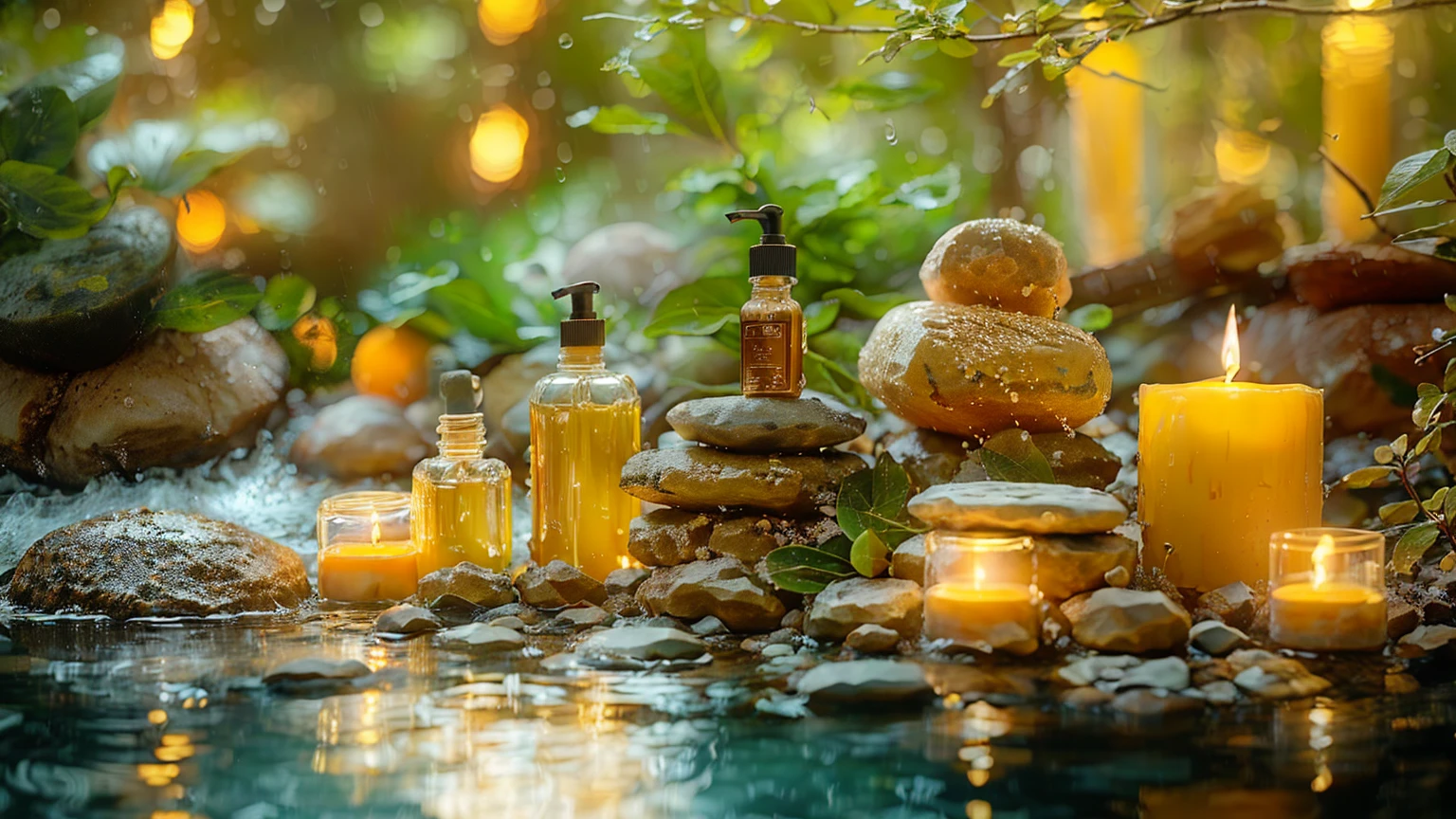 candles and spa products are sitting on a table with rocks, Luxurious surroundings, Peaceful atmosphere, Paradise Garden Massage, By Alexander Gierimski, By Maksimirjan Vanka, Morning Glow, Quiet environment, Soft glow, spa, Relaxing environment, oil, Glowing oil, Lush green environment, Relaxed atmosphere, Alexander Brook, A vibrant scene, Natural Beauty、８K、It rains、