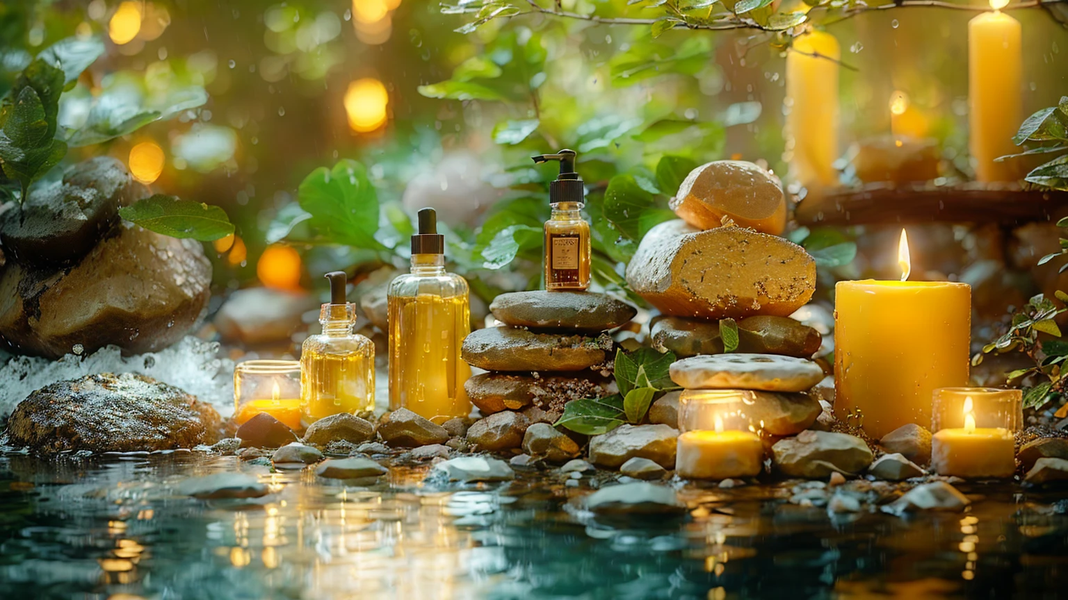 candles and spa products are sitting on a table with rocks, Luxurious surroundings, Peaceful atmosphere, Paradise Garden Massage, By Alexander Gierimski, By Maksimirjan Vanka, Morning Glow, Quiet environment, Soft glow, spa, Relaxing environment, oil, Glowing oil, Lush green environment, Relaxed atmosphere, Alexander Brook, A vibrant scene, Natural Beauty、８K、It rains、