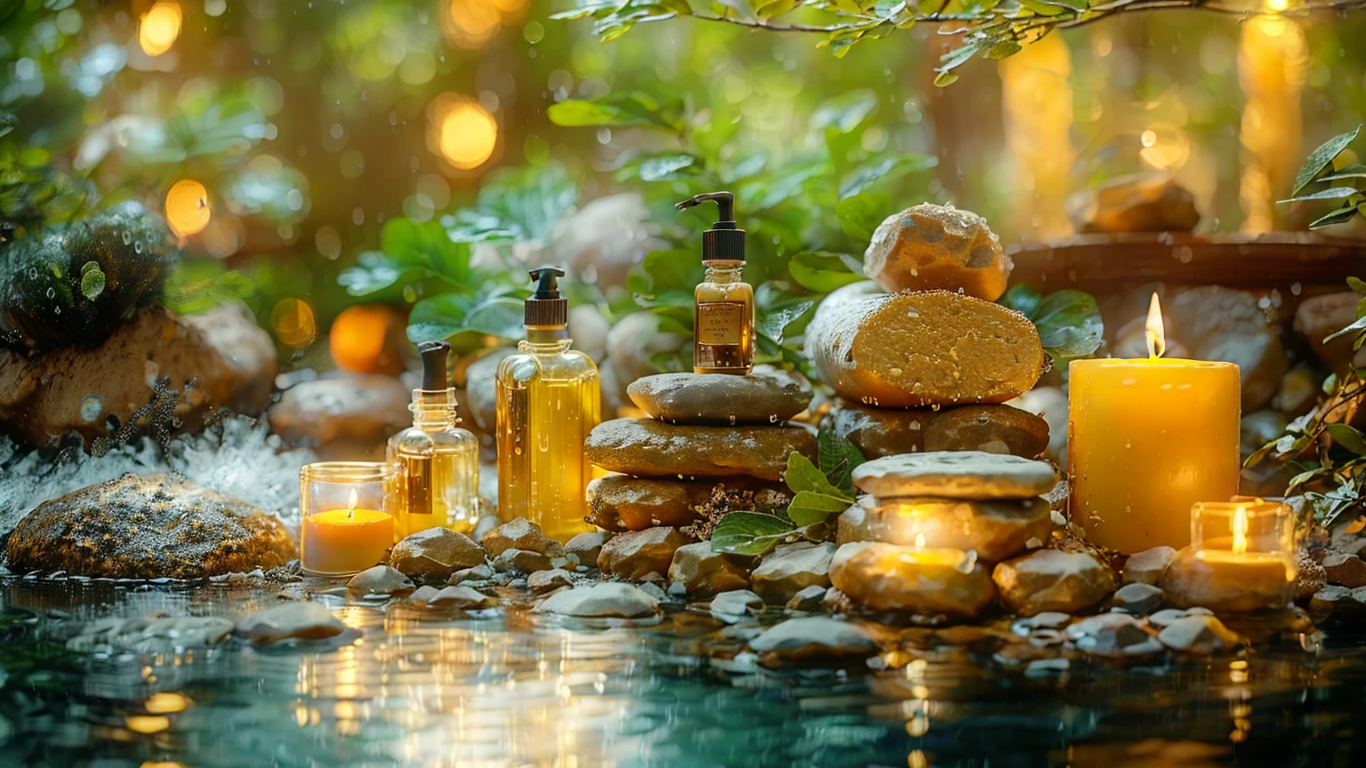 candles and spa products are sitting on a table with rocks, Luxurious surroundings, Peaceful atmosphere, Paradise Garden Massage, By Alexander Gierimski, By Maksimirjan Vanka, Morning Glow, Quiet environment, Soft glow, spa, Relaxing environment, oil, Glowing oil, Lush green environment, Relaxed atmosphere, Alexander Brook, A vibrant scene, Natural Beauty、８K、It rains、