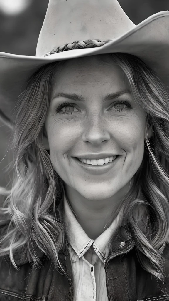 arafed woman wearing a cowboy hat and a leather jacket, marthe jonkers, linn olofsdotter, magdalena andersson, full close-up portrait, portrait of kim wexler, nina tryggvadottir, daniela uhlig, a black and white photo, close up portrait, johannen voss, cowgirl