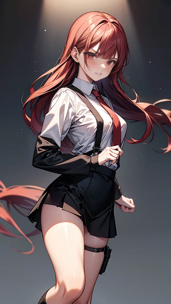 {{masterpiece}}, {{{Highest quality}}},{{Very detailed}}, ,{{blushing with anger}},{{v-shaped eyebrows}},{{figure}},{{tall}},{{Adult female}},,{{Fighting stance}},{{from below}},{from side},{{Long sleeve mini skirt uniform}},{{suspenders}},}}{}},{fighting stance}},{},{in the midst of battle}, ,{{}},{{Eyelet foot}},,{{}},{{action}},,Slender body}}{{Female police officer}},,,,suspenders ,Long sleeve mini skirt uniform, White High Socks,Black fingerless gloves, Long Red Hair, Red tie,Straight hair ,Blunt bangs,Thigh holster,.amountn loafer,,blush,Wrinkles ,amount,Grit your teeth,suffering,v-shaped eyebrows.,Sweat dripping,Medium chest ,get annoyed,,Slums,,Twisting,