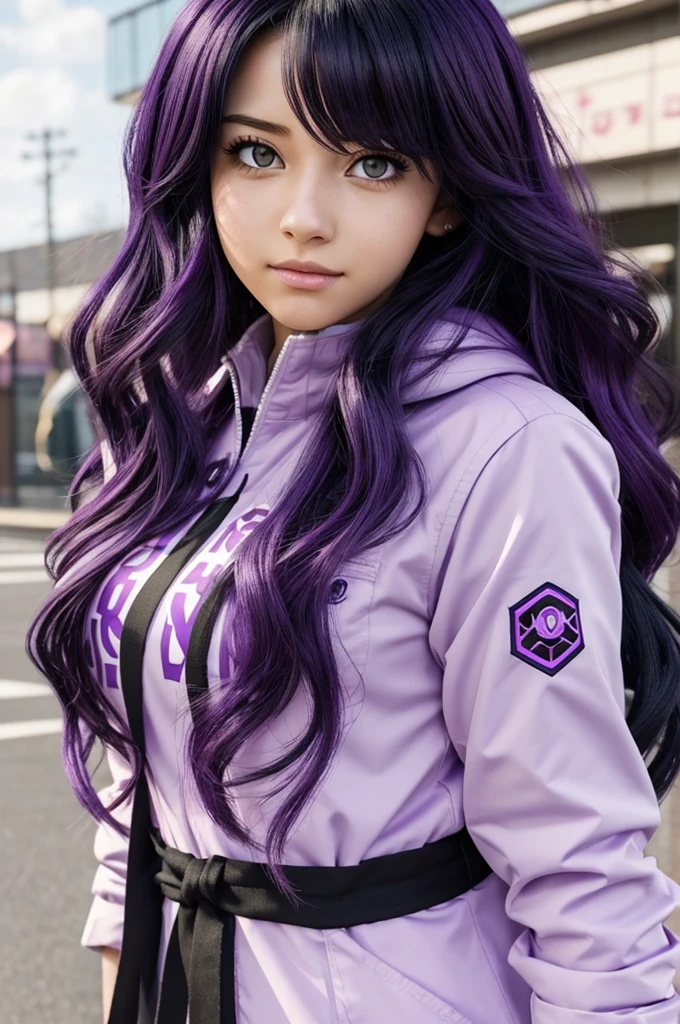 Screenshot of my hero academia girl with long wavy hair purple and black hair color my hero academia UA uniform pastel purple eyes, 
I soften with bakugo and kirishima. 