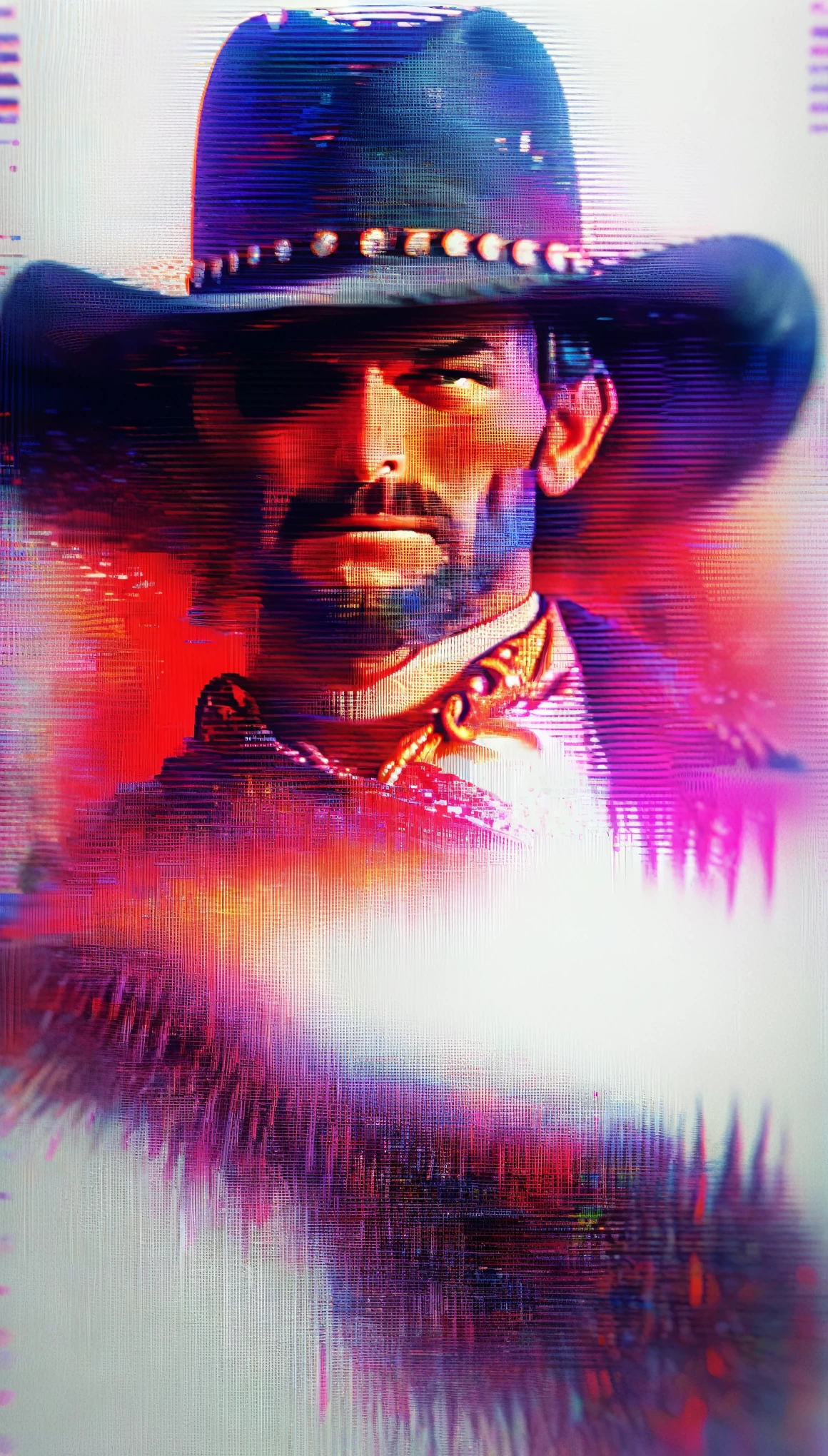 vhs glitch movie still of western cowboy, cinematic, hires 8k, intricate, white background