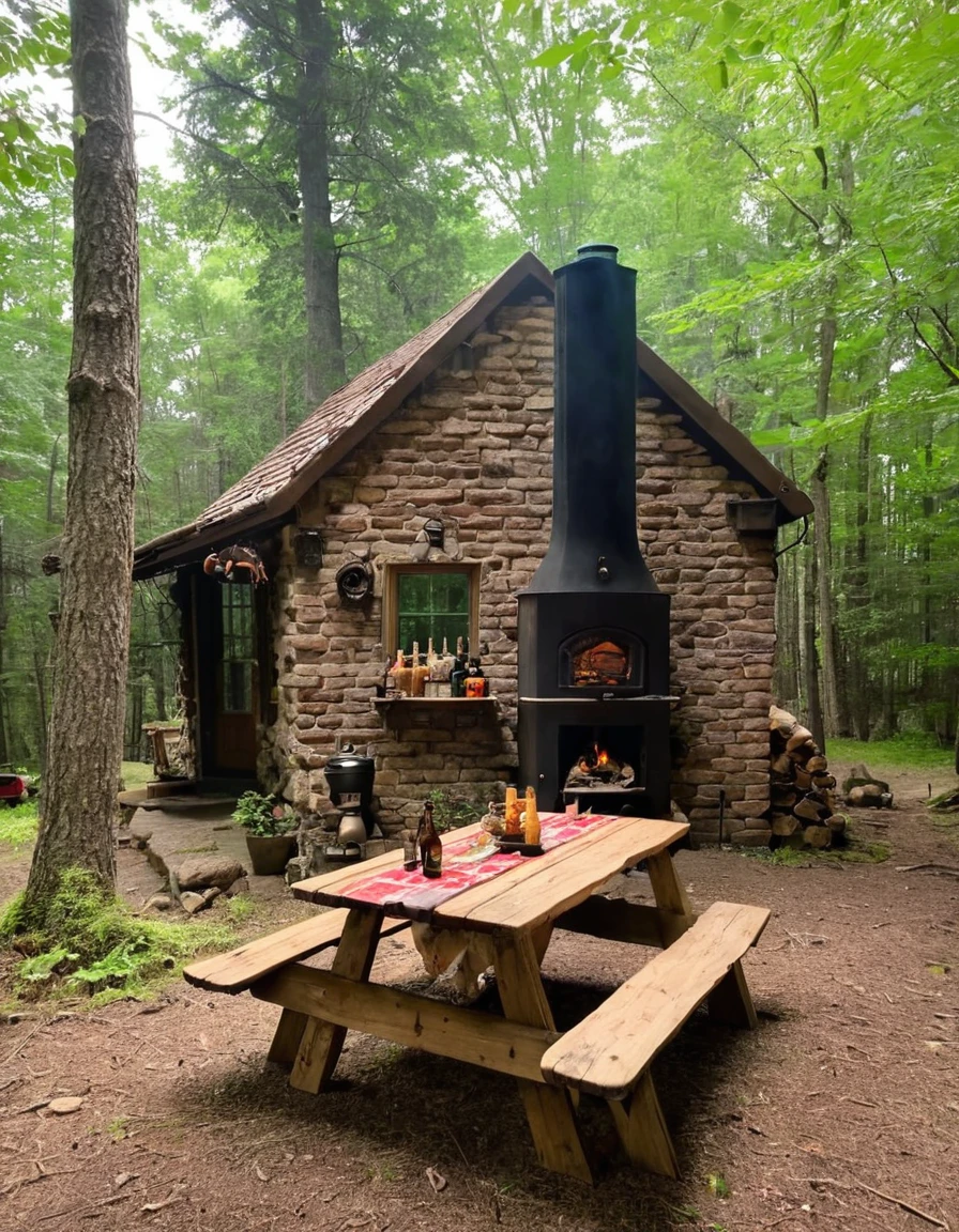 there is a table with food and a grill in the woods, cottagecore!!, cabin in the woods, a brick cabin in the woods, cottagecore, forest picnic, ❤🔥🍄🌪, cottagecore hippie, cottage in the woods, in a cabin, old cabin, log cabin, witch cottage in the forest