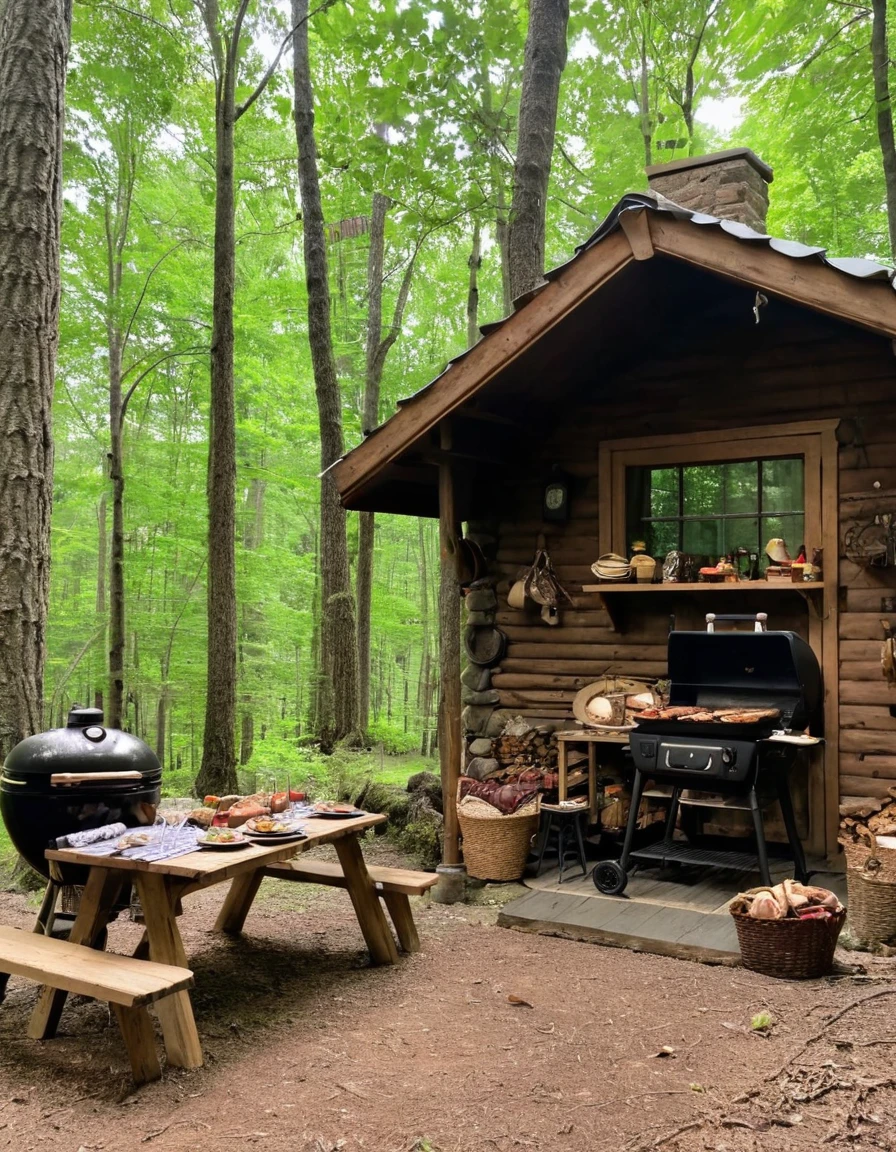 there is a table with food and a grill in the woods, cottagecore!!, cabin in the woods, a brick cabin in the woods, cottagecore, forest picnic, ❤🔥🍄🌪, cottagecore hippie, cottage in the woods, in a cabin, old cabin, log cabin, witch cottage in the forest