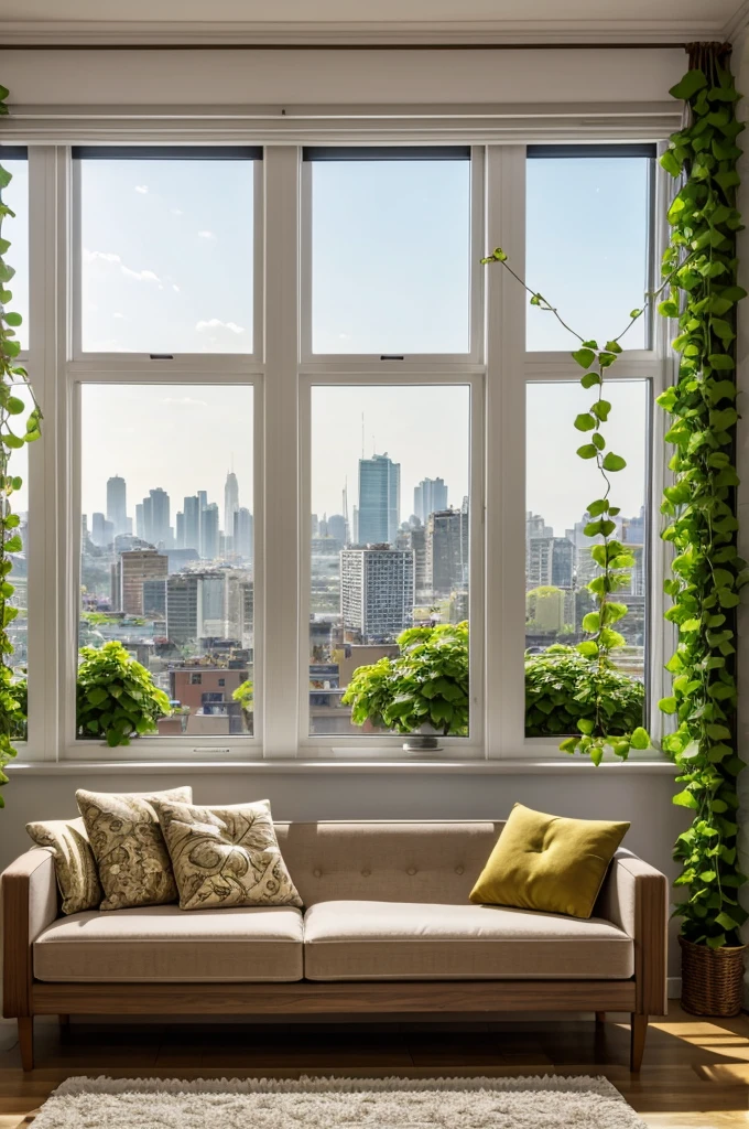 The sofa next to the window You can see the view of the city outside. There are flower vines hanging from the window. Cartoon image.
