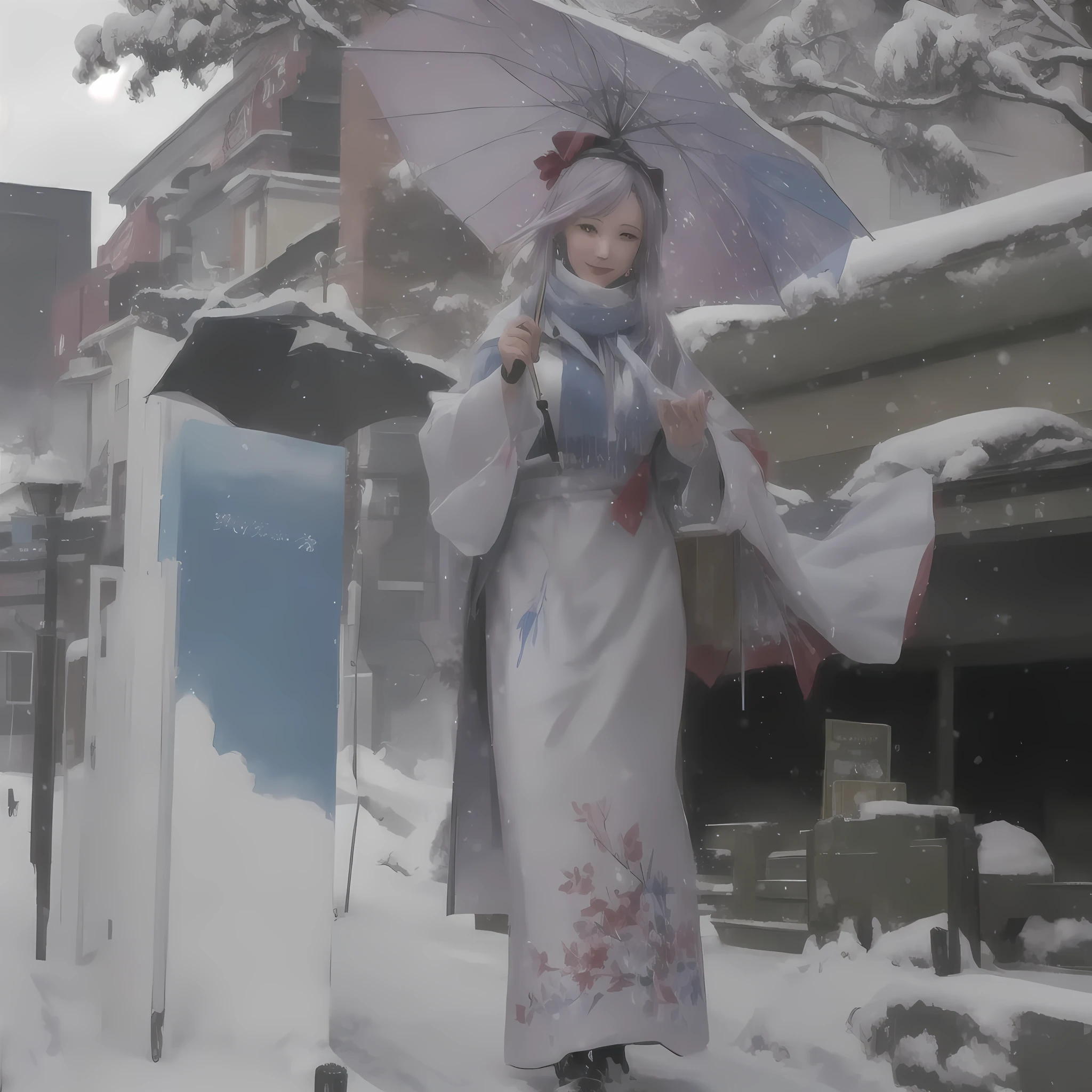 There is a woman holding an umbrella in the snow, Painted in an anime artist's studio, The Detailed Art of the Onmyoji, Gwaiz, Created by Anime Painter Studio, onmyoji, Digital Painting concept art, artwork in the style of Gwaiz, winter concept art, Low level of detail. Digital Painting, an expressive Digital Painting, Painterly concept art, soft Digital PaintingA 17-year-old Japanese girl with vibrant hair colors, long hair, daring hair styling, slender figure, plump cheeks. She embodies the punk rock aesthetic, dressed like a punk rocker with bold attire, large sunglasses, a defiant expression. She stands at 170 centimeters tall, weighs 30 kilograms, wears long boots, with her thighs visible under a red pleated skirt. Adorned with numerous silver accessories. Depict with distinct outlines, using colors other than black for the outlines, using colorful hues for the outlines. She's into girls' rock, punk, Electric guitar, vibrant colors, stages, and backed by a band. An underground clubhouse with colorful lighting amidst the darkness. Colorful candies resembling mountains of treats are plentiful, strewn all around. A tall, well-built man with blonde hair is present, adorned with tattoos, a nose piercing, and a split tongue.