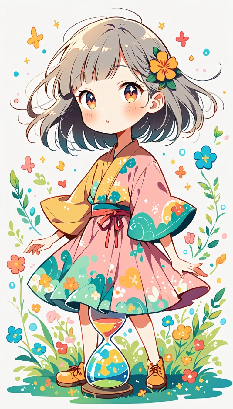 White Background, Fujichoco Style, Pink kimono, (((The most beautiful girl))), Gray Hair, Sparkling Eyes, ((hourglass)), Vibrant colors, White Background, Simple Background, whole body, Simple line initials,