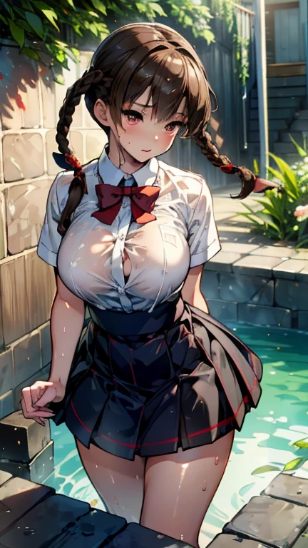 (masterpiece, best quality:1.2), in the bath , wet clothes, soaked, wet hair, wet skin, translucent, glistening with oil , dishevelled , solo, 1girl, school girl uniform , steam , plaid skirt , pleated skirt , The shirt is tight. , white shirt , school girl , red bow , red knot , red eyes, intricate, highres, 8k, detailed hair , wet and sweaty , wet white shirt , clothes were so wet that her breasts could be seen  , Nipples can be seen through , Soak in water , DOALeiFang, 1girl, brown hair, brown eyes, twin braids, hair rings