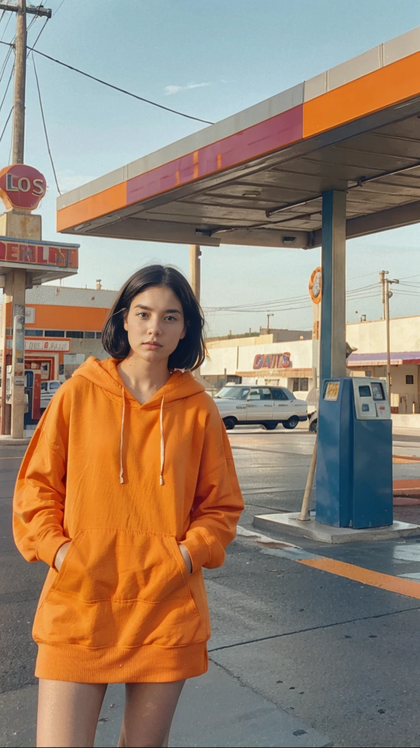 photo cinematic photograph long shot portraits by Wes Anderson, cute 23 yo girl ,fokus, bokeh ,wear ((orange color oversized_hoodie)), wear ((purple tennis skirt)),looking front,Best Quality,Masterpiece,Ultra High Resolution,(Realisticity:1.4),Original Photo, 1Girl, light leak,ultra high resolution,UHD,beautiful, (black bob hair), almond eye, no makeup, in front of ((80's los angles gas station)), (realistic:1.2), (surreal:1.3), (very detailed:1.1), ((masterpiece)),(summer), blue sky, (palm trees),sunny, los angles vibes,film camera, 800mm lens,style of Philip Lorca diCorcia