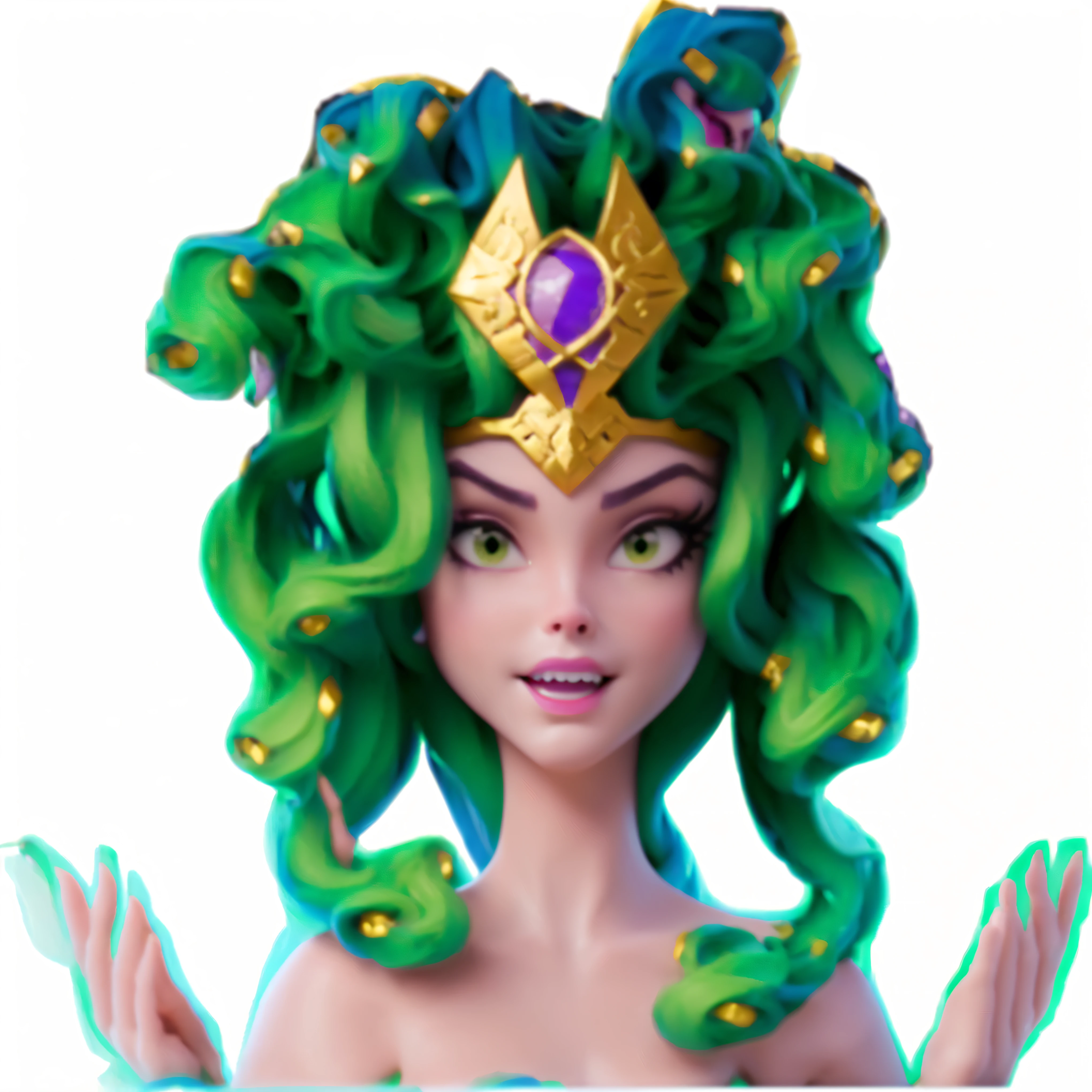 Disney Pixar style,Cartoon,Woman wearing snake head crown, fierce Medusa, Medusa gorgon head, female Medusa long hair, beautiful female gorgon, Medusa head, very sad Medusa, Medusa, portrait of age Medusa, gorgon, torquoise fantasy fanged Medusa, long flowing Medusa hair, portrait of Medusa, Epic 3D Yemaya, male Medusa
