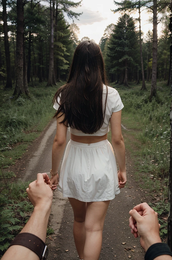 my view holding woman left hand, woman turn her back, background a woods