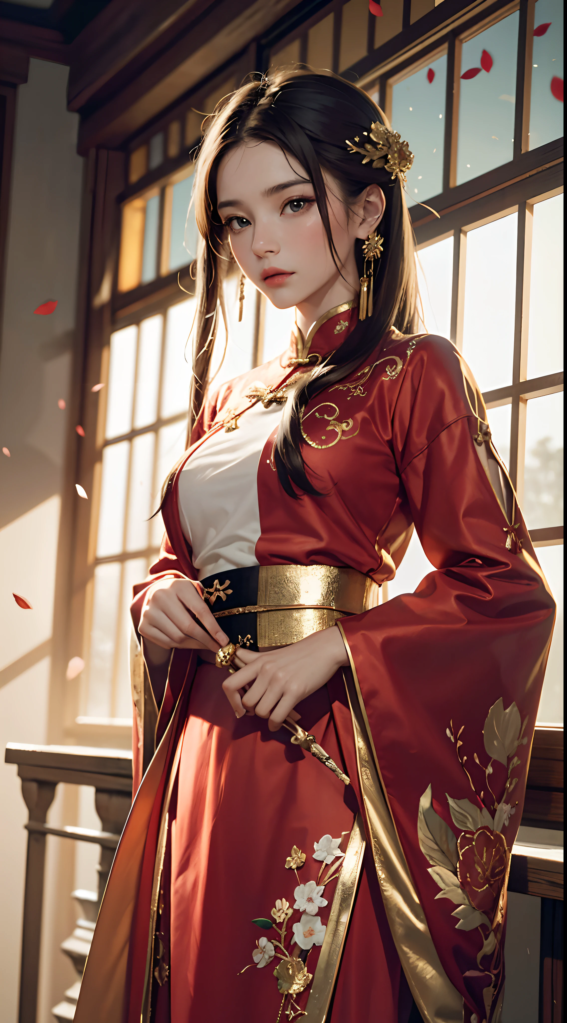 best quality, masterpiece, mackerel, (Exquisite Body:1.5),gorgeous face,(Milky skin:1.3),intricate details,high resolution,wallpaper,
1 woman, alone, dress, headdress, (((gold and red dress))), flowers, long hair, brown hair, closed mouth, bijouterie, long sleeves, hand up, wide sleeves, big eyes,floating hair, chinese clothes, Hanfu, embroidery, long skirt, Natural Pose, falling petals, inside,fanning, candela,
16,000,HDR,mackerel,depth of field,(film grain:1.1),the book,golden hour,(lens flare),illustration,rainbow color,(color grading:1.5)