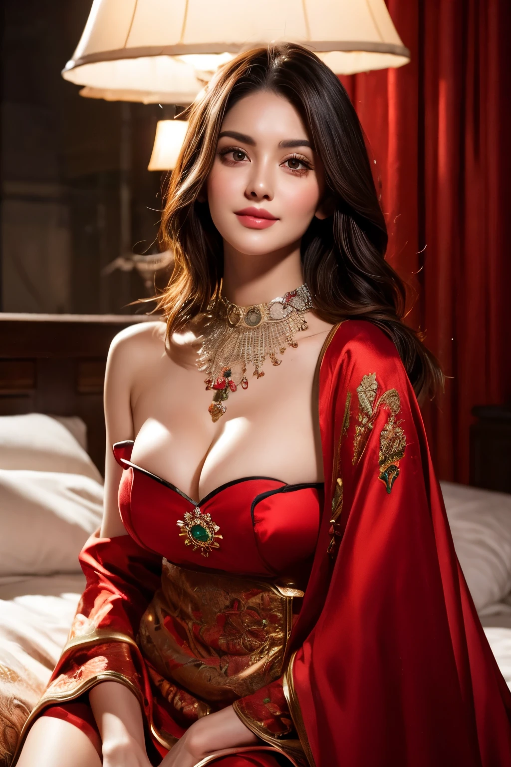 Score9_up, score8_up, (masterpiece:1.5), intricately detailed, uhd, absurd resolution, 16k, perfect lighting, RAW photo, sharp focus, photorealistic Realism 8K, 16K, Quality, professional-grade photograph, best, high quality real texture skin, best, high quality real texture hair, Stunning beautiful girl, wearing red peacock costume sexy clothes. professionally retouched, soft lighting, realistic, smooth face, perfect eyes, sharp focus on eyes, 8 k, high definition, insanely detailed, intricate, elegant. in a lavish and extravagant bedroom, cushions pillows, lamp, window, perfect lighting , focus on girl,
