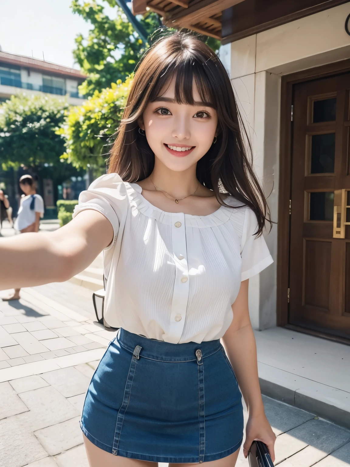 masterpiece , Highest quality , Very detailed , 8k , phone photography, Selfie、Cute Woman , One girl , blouse , bangs , smile , White teeth , Symmetrical eyes, Short sleeve blouse、mini skirt、Red Heels、Summer daytime、In front of the campus building、