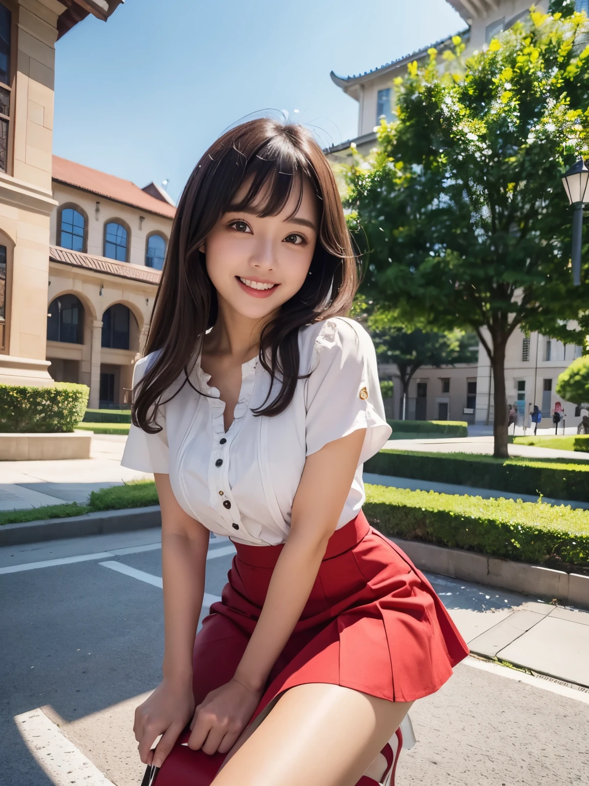 masterpiece , Highest quality , Very detailed , 8k , phone photography, Selfie、Cute Woman , One girl , blouse , bangs , smile , White teeth , Symmetrical eyes, Short sleeve blouse、mini skirt、Red Heels、Summer daytime、In front of the campus building、