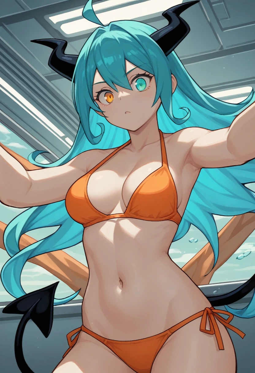 score_9, score_8_up, score_7_up,1 daemon woman, black horns,1 black demon tail, (aquamarine hair),aquamarine green color hair,ahoge, long hair, (long hair),bangs, light orange bikini, bikini is orange, bikini orange, orange bikini!, (aquamarine eyes), background is spaceship, aquamarine eyes, 1woman ,facing viewer, daemon girl, close up,Well-endowed, alone, Spacecraft interior, dynamic pose