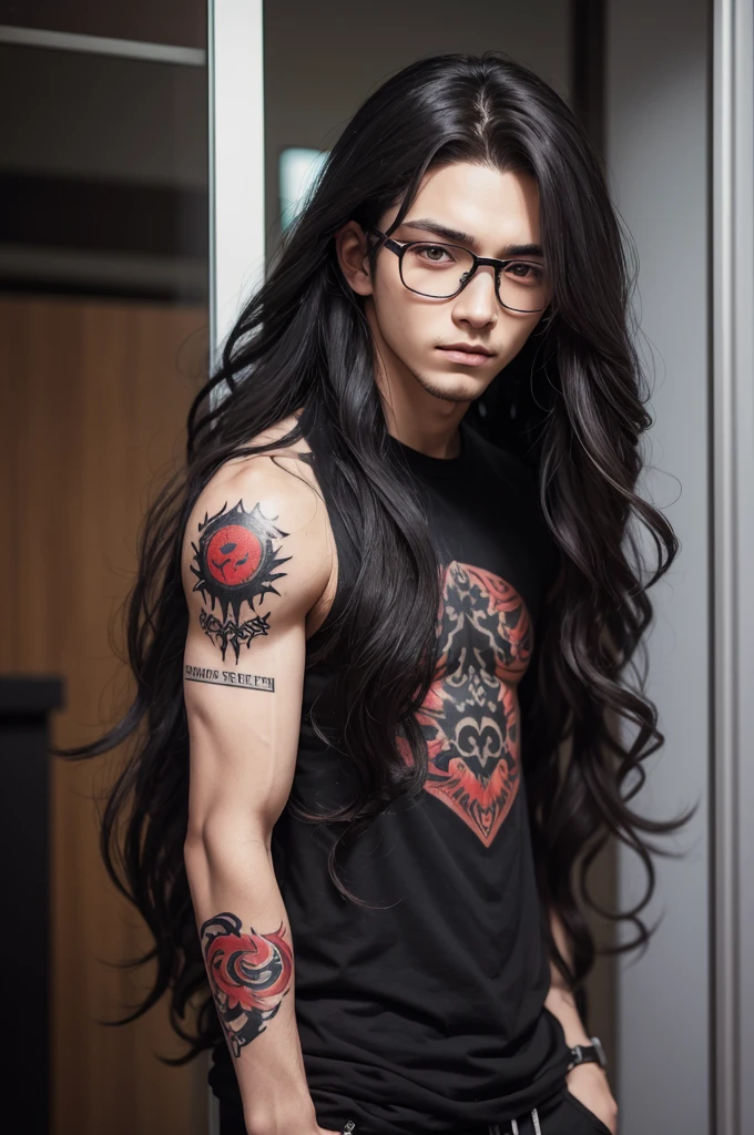 boy, long curly hair with red eyes, gray skin, black stripe tattoos on eyes, wearing glasses. アニメ.