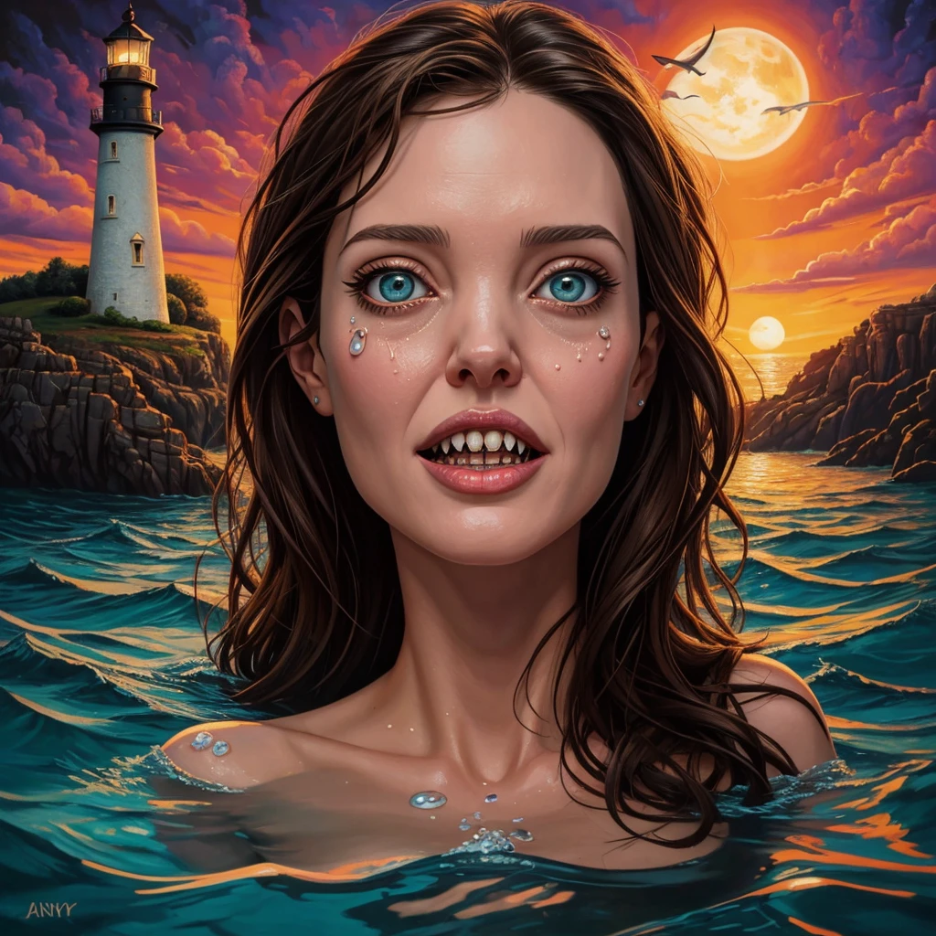 oil painting of a woman with face of Winona Ryder morphed with Angelina Jolie laughing while laying back on the calm water, mouth full of water, puffed out cheeks, tears of joy, gigantic breast pointing up sticking from the water surface like two islands, piranhas, shark finn, lighthouse in the background, shamanic horror lsd art, psychedelic cosmic horror, psychedelic surreal art, anya_taylor-joy, surreal painting, horror surreal art, hallucinatory art, trippy art, surreal concept art, casey weldon, scary color art in 4k