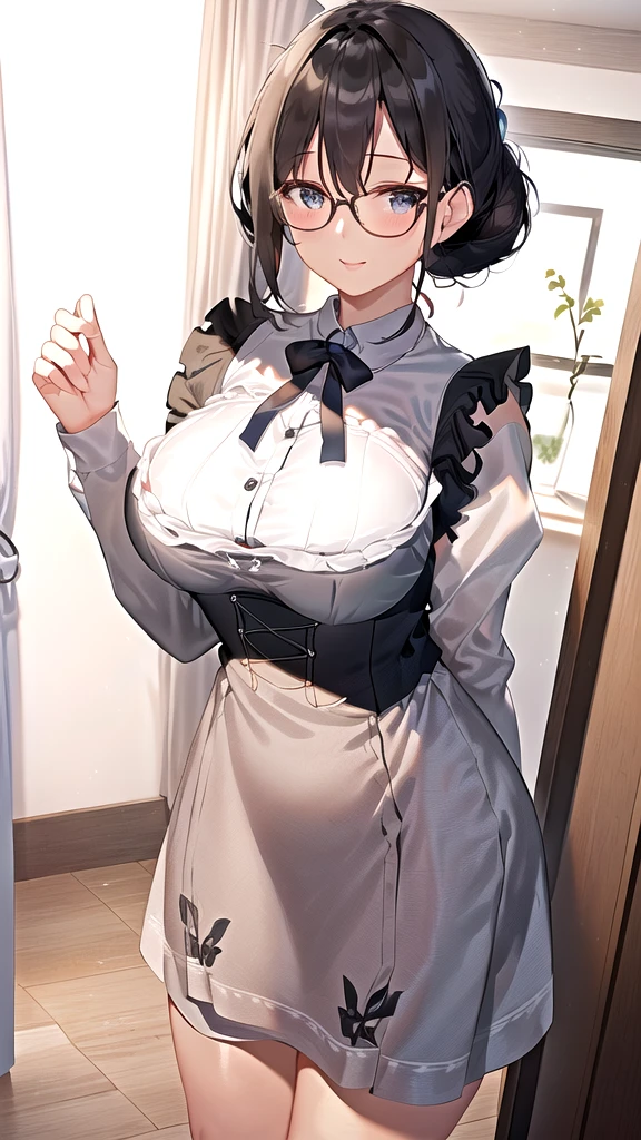 {{masterpiece}},high quality, 4K, 2D,1 girl,{simple gray background},(45 year old woman,mature female:1.6),standing,(sagging breasts:0.4),(gigantic breasts:1.3),(dirndl:1.3), black hair,(chignon:1.2),1 braid,impossible clothes, {from right in front of face and body},{front facing shot},Wear glasses,inside the room