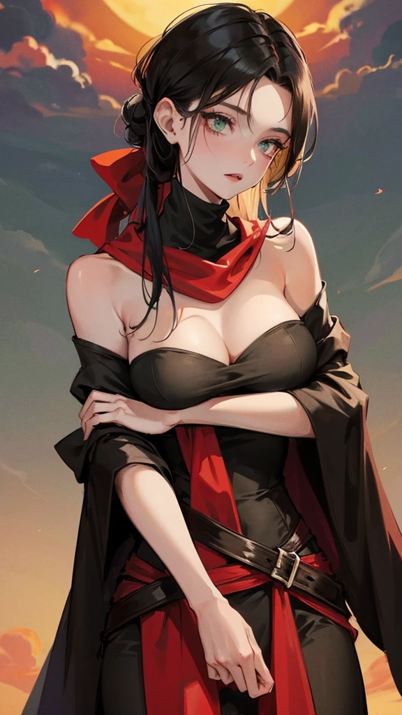 medieval setting, full view of body, 1 skinny female with large breast, beatiful smokey green eyes, black hair pinned up, off-shoulder strapless midi dress, red scarf around her neck, eerie sunset