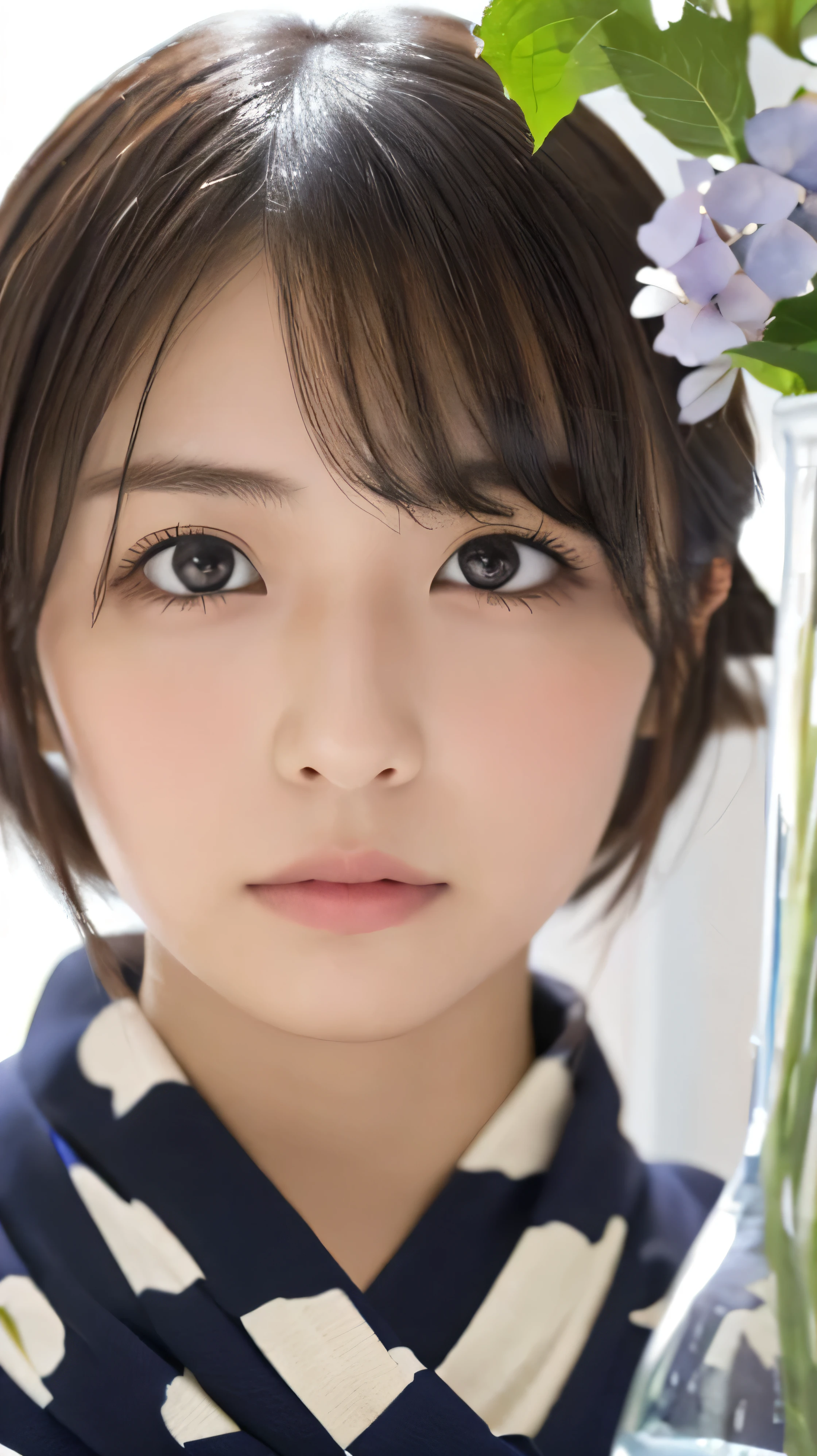 One Girl, (Beautiful girl, Delicate girl:1.3), (16 years old:1.3),
break, (yukata, Japan national costume:1.2),
break, (Glass vase, Hydrangea:1.2),
break, Very beautiful eyes, (Symmetrical eyes:1.3),
break, (Big Breasts:1.1), Brown eyes, Parted bangs, Brown bob cut hair,
break, (Eye and facial details:1.0),
break, (masterpiece, Highest quality, Super detailed, Detailed face, 8k)