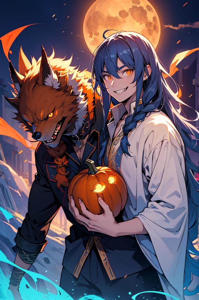 High school werewolf boy, smiling with fangs, orange glowing eyes, long curl single tied hair, pumpkin spirit, magic werewolf and warlock hybrid, midnight blue