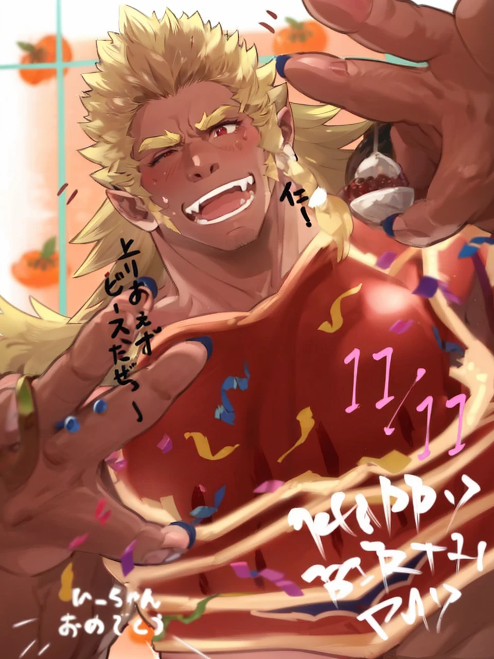 Handsome、Muscular、Macho、Thick chest、Thick legs、Completely naked、Big cock、Spiky Hair、all back、Berry Short、monkey、Beastman、Pointed Ears、Red eyes、Blonde、Thick arms、Body hair、smile、No bangs、Droopy eyes、Thick eyebrows、Scratch on nose、Big anly、gorilla、