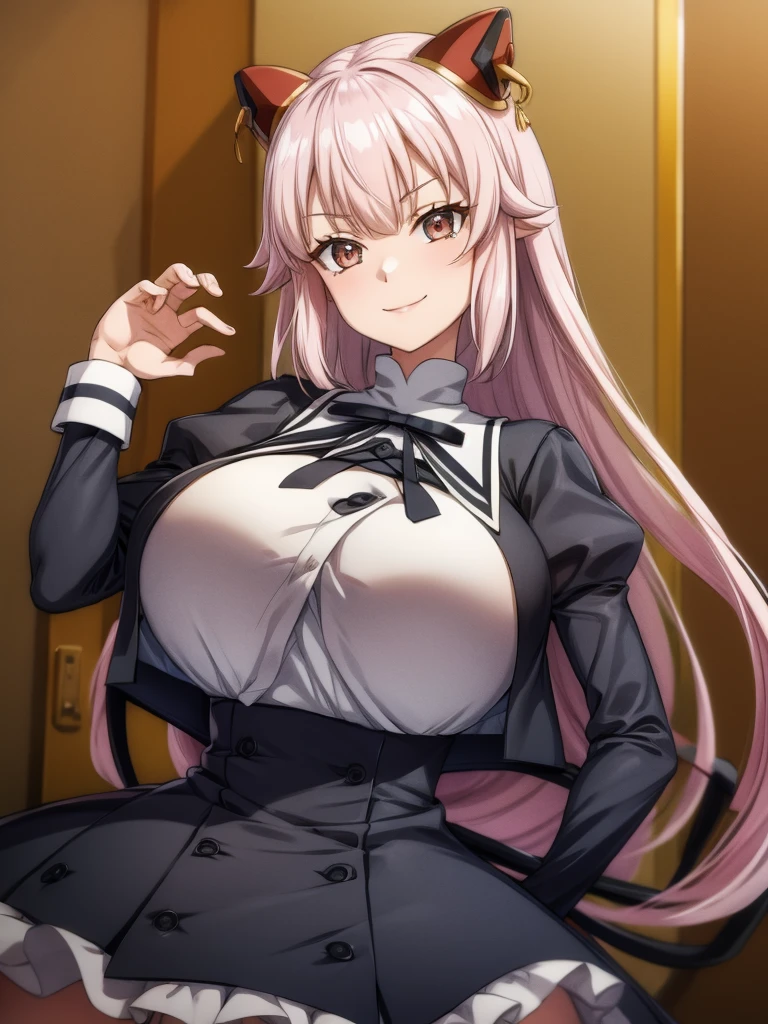 Top quality, masterpiece, beautiful face, fine eyes, fine skin, fine face,
ArayaEndo, long hair, hairpods, black neck ribbon, yurigaoka girls academy , cropped jacket, juliet sleeves, black skirt, high-waist skirt, black thighhighs, (rnaughty smile),  huge breasts, curvaceous, tight waist,  (claw pose:1.2), (Gao's hand pose:1.2)