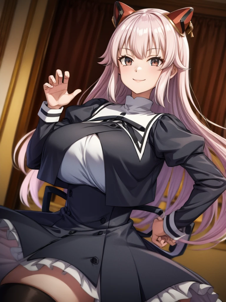 Top quality, masterpiece, beautiful face, fine eyes, fine skin, fine face,
ArayaEndo, long hair, hairpods, black neck ribbon, yurigaoka girls academy , cropped jacket, juliet sleeves, black skirt, high-waist skirt, black thighhighs, (rnaughty smile),  huge breasts, curvaceous, tight waist,  (claw pose:1.2), (Gao's hand pose:1.2)