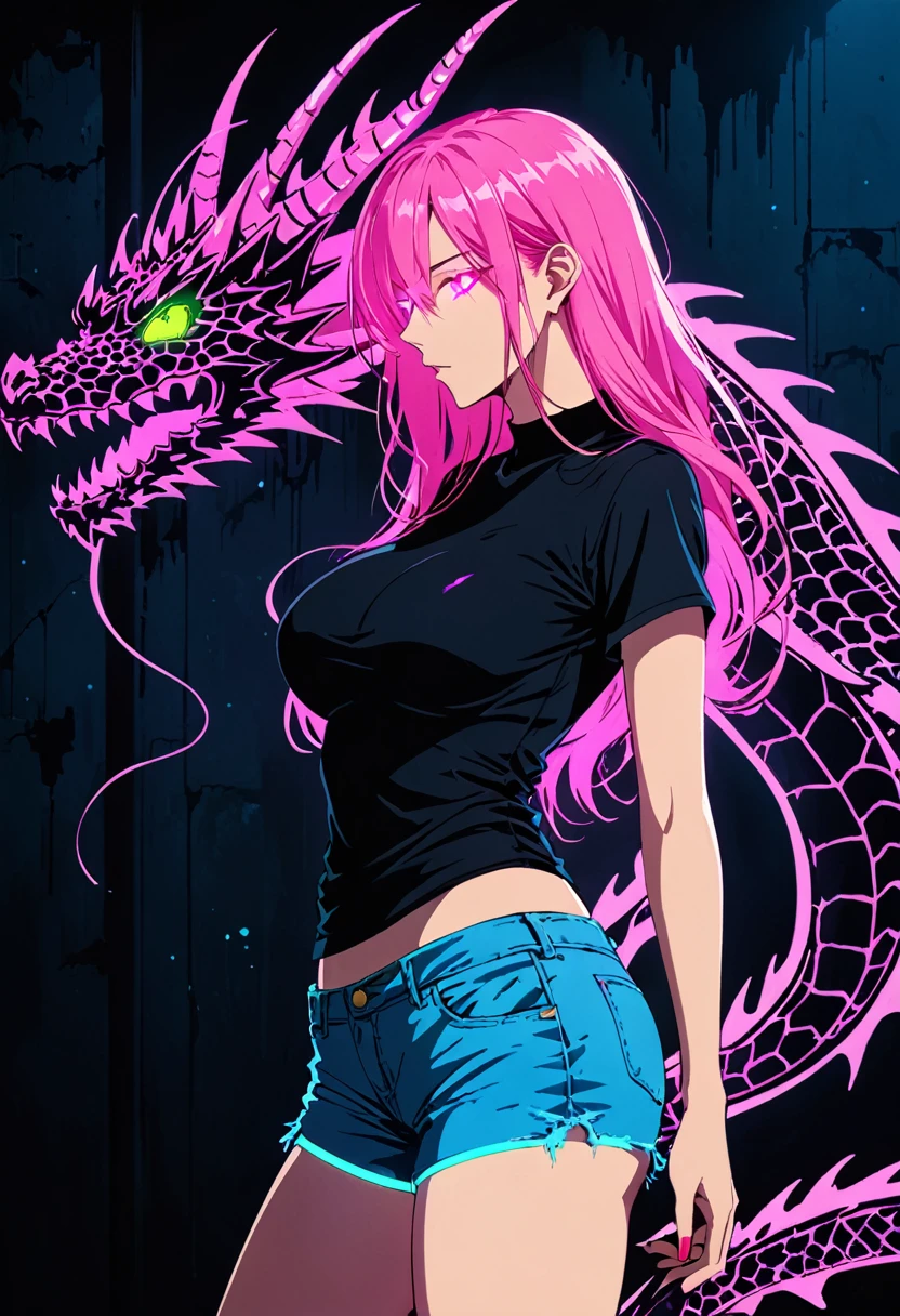 artist by Megan Hess,(blue fluorescent Graffiti of mysterious dragon :2.0),indoor,Fluorescent illumination, (Darkness shrouded, black background, shadow, extreme darkness, Dark atmosphere:3.0),Wall background,black background,silhouette,shadow,extreme darknesinimalist graffiti style background,Fluorescent pink eye graffiti,Dark atmosphere,cowboy shot,1girl,(shortest Short shirt cutting1.8),huge Breast,long nipple,nipple embossment,underboob,blurred background,Blurred foreground,Pink fluorescent hair,Fluorescent pink eyes,Hand raised and touching hair,long hair,Messy hair, Low rise denim shorts,Over-the-knee boots,pink eye glowing,Ruined eyeshadow,Poker face