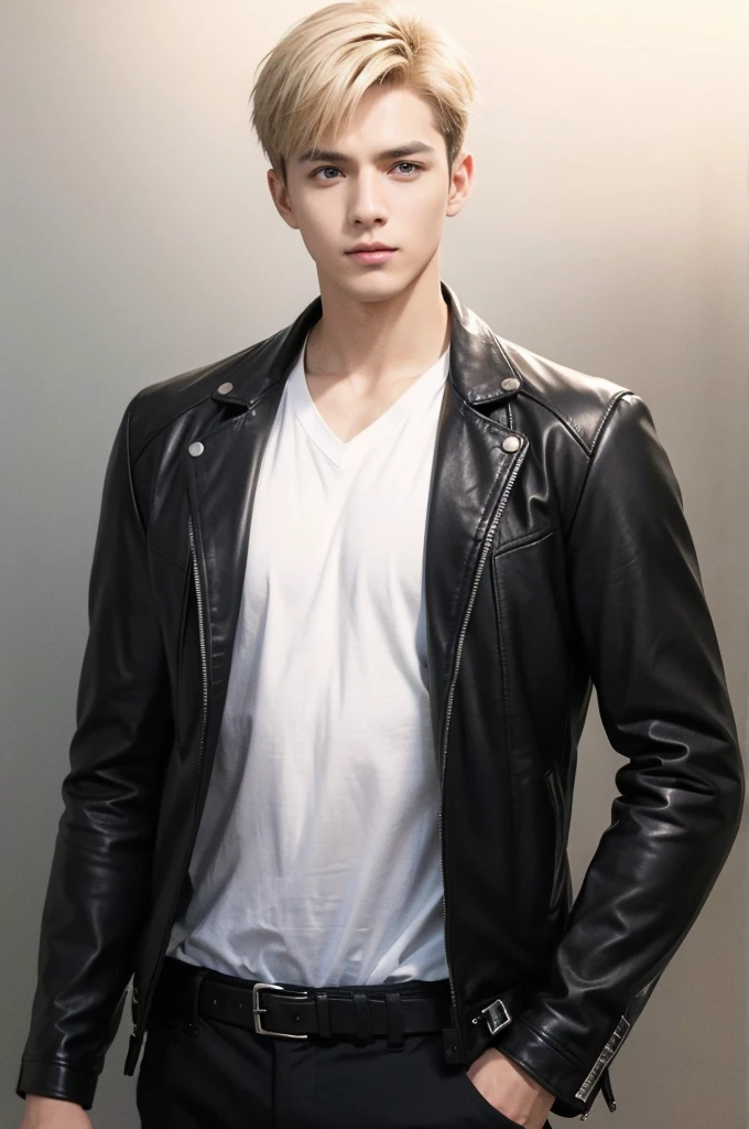 at office,wearing black leather jacket,two block haircut, Attractive man,Live-action photo,Handsome and sunny,(SLR effect,Reality,8K,Hyper-detailing,Absolute realism)
