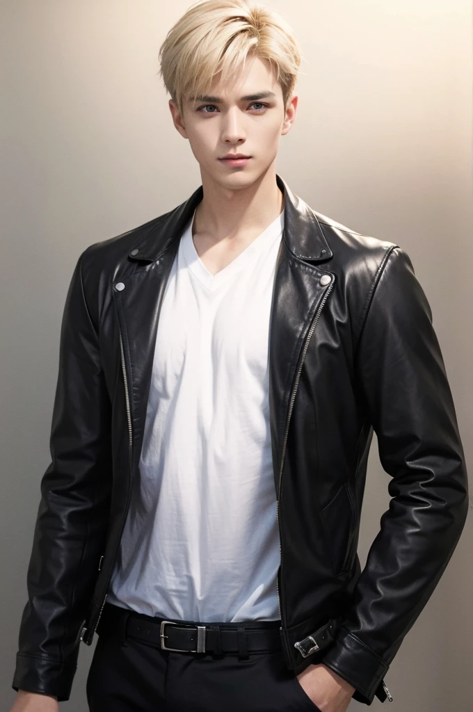 at office，wearing black leather jacket，two block haircut, Attractive man，Live-action photo，Handsome and sunny，（SLR effect，Reality，8K，Hyper-detailing，Absolute realism）