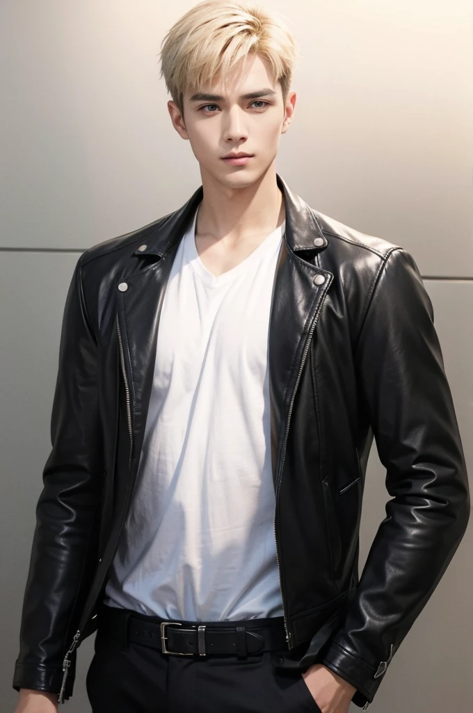 at office，wearing black leather jacket，two block haircut, Attractive man，Live-action photo，Handsome and sunny，（SLR effect，Reality，8K，Hyper-detailing，Absolute realism）